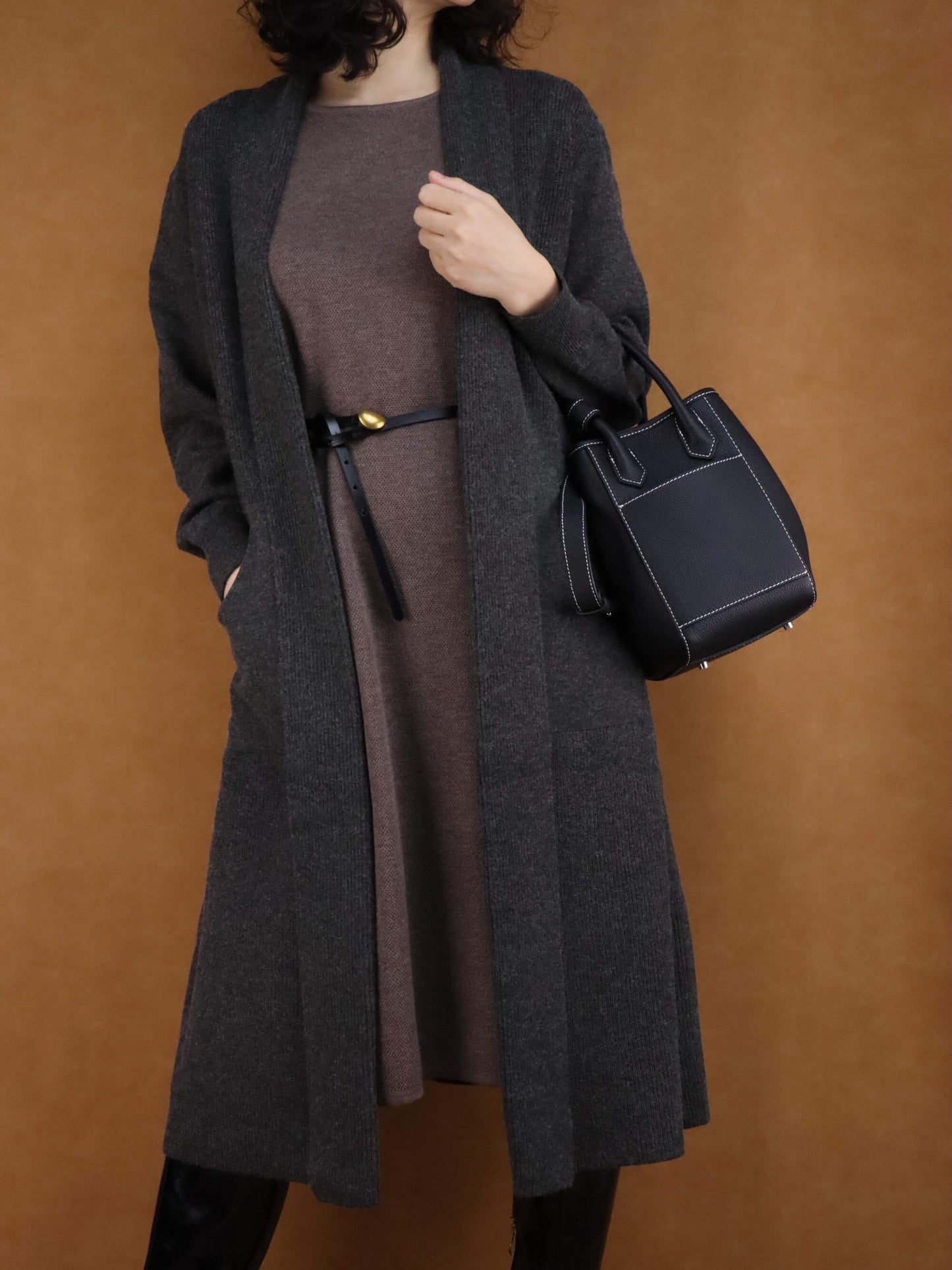 Luxury Black Leather Shoulder Bag + Relaxed Long Cardigan