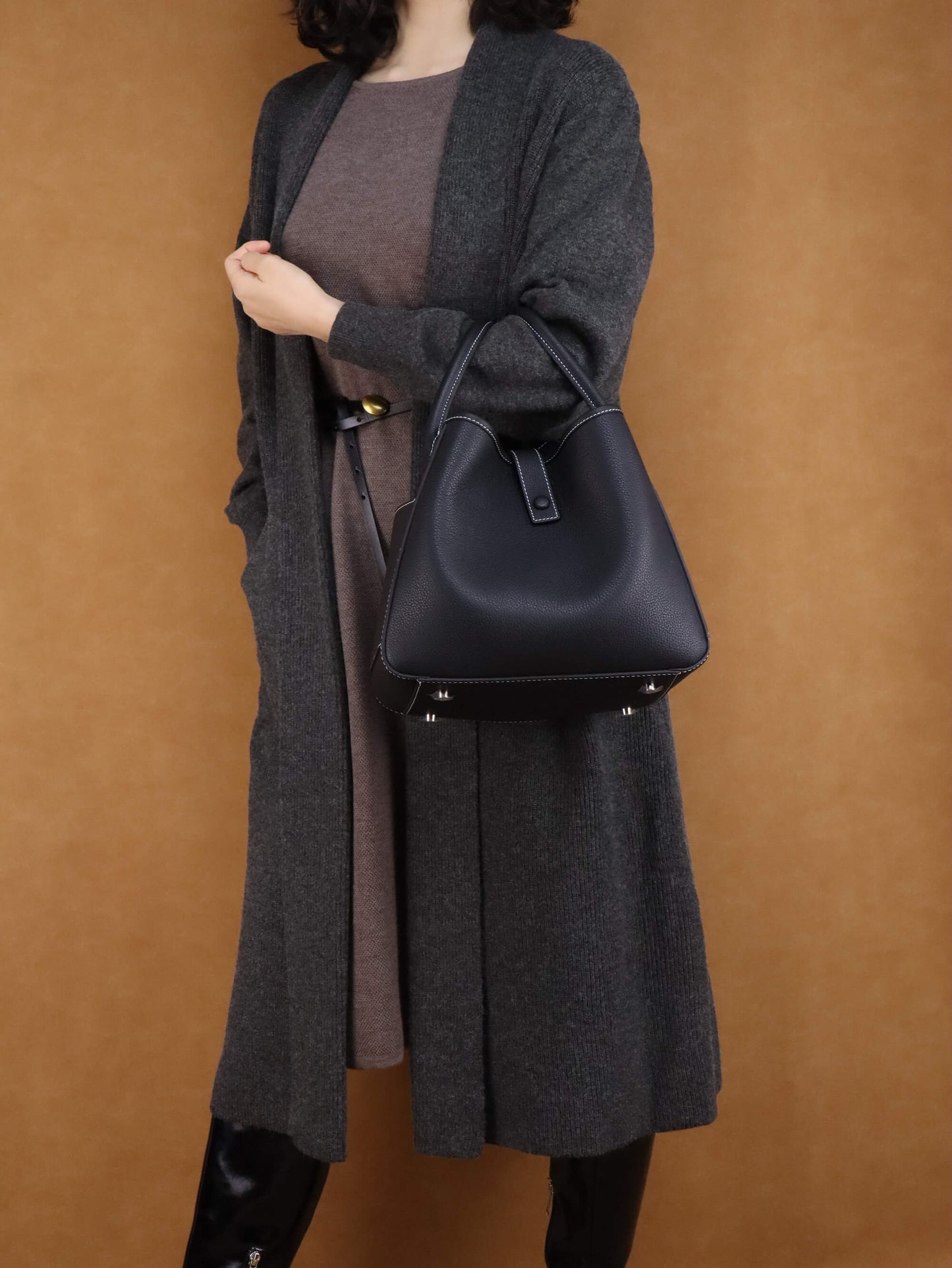 Luxury Black Leather Shoulder Bag + Relaxed Long Cardigan