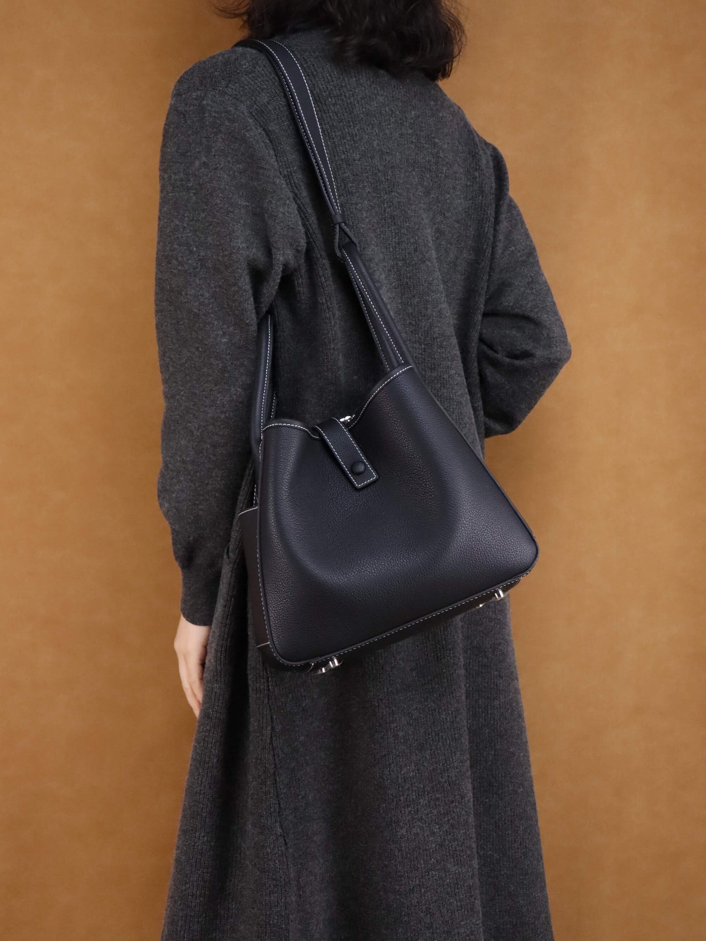 Luxury Black Leather Shoulder Bag + Relaxed Long Cardigan