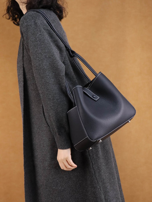 Luxury Black Leather Shoulder Bag + Relaxed Long Cardigan