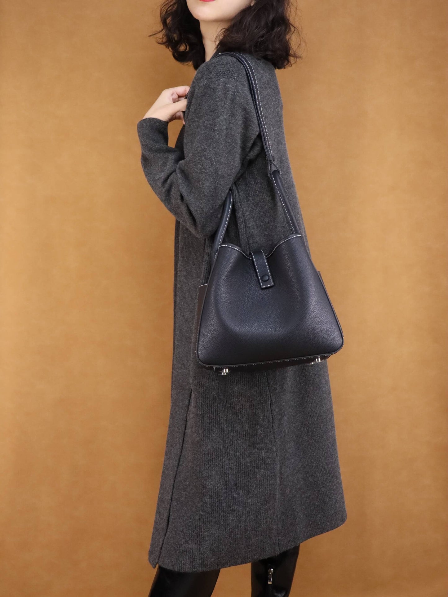 Luxury Black Leather Shoulder Bag + Relaxed Long Cardigan