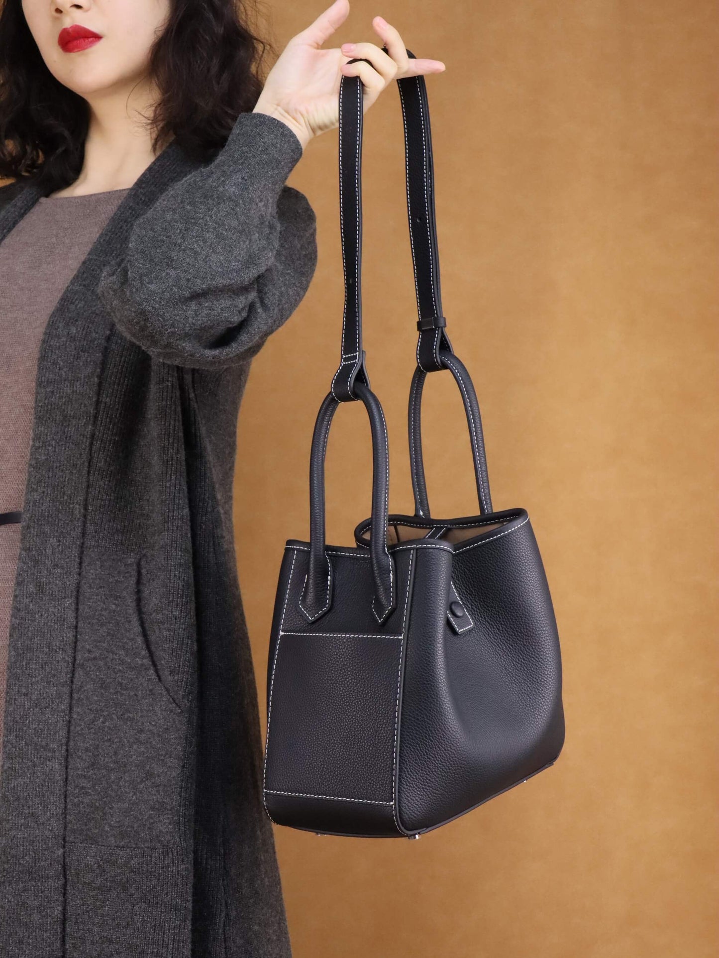 Luxury Black Leather Shoulder Bag + Relaxed Long Cardigan