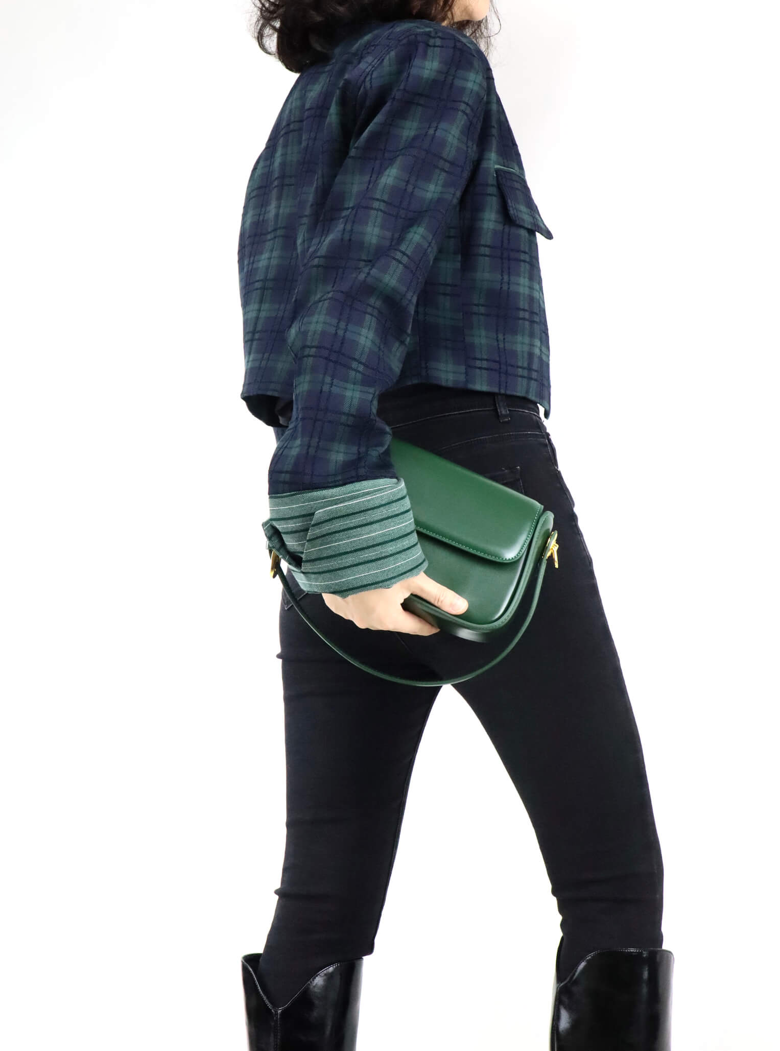 cropped checkered jacket with green shoulder bag