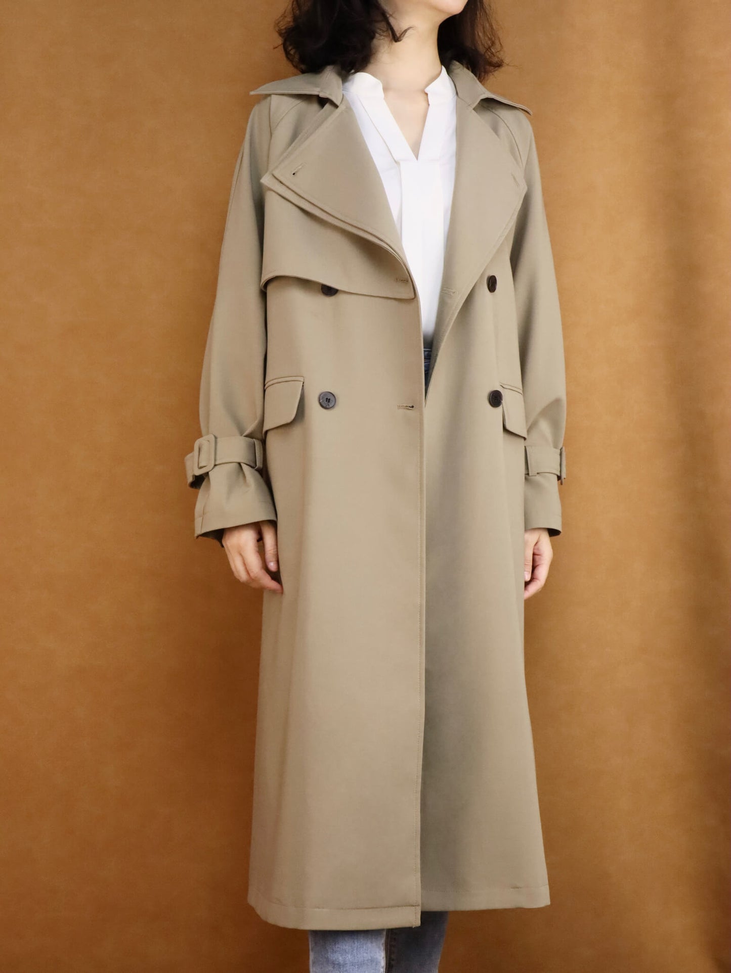 Brown Leather Shoulder Bag & Crossbody Bag + Khaki Long Trench Coat