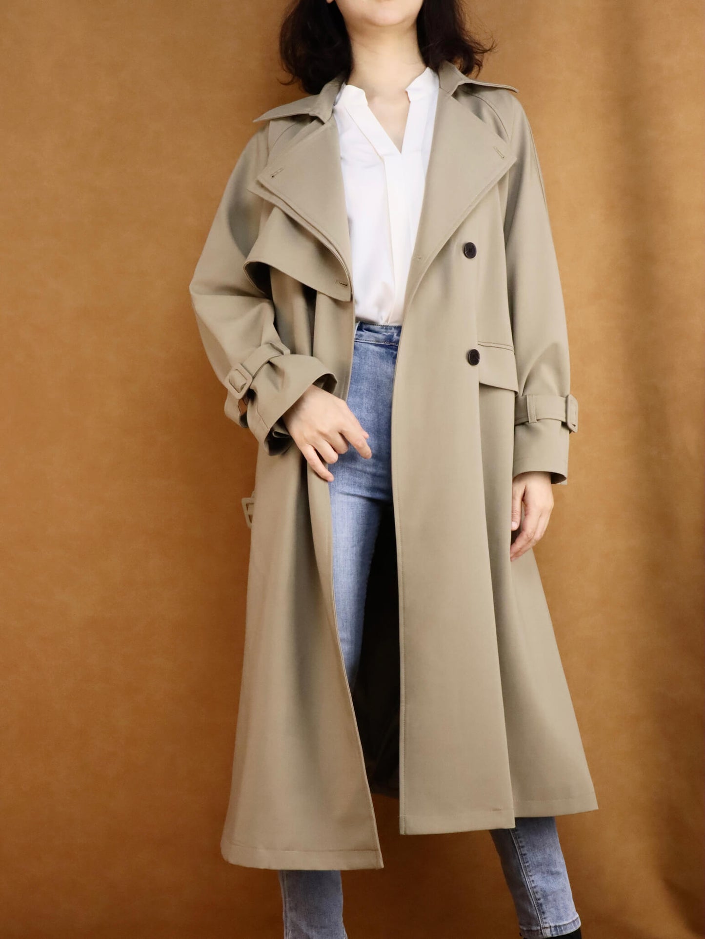 Brown Leather Shoulder Bag & Crossbody Bag + Khaki Long Trench Coat