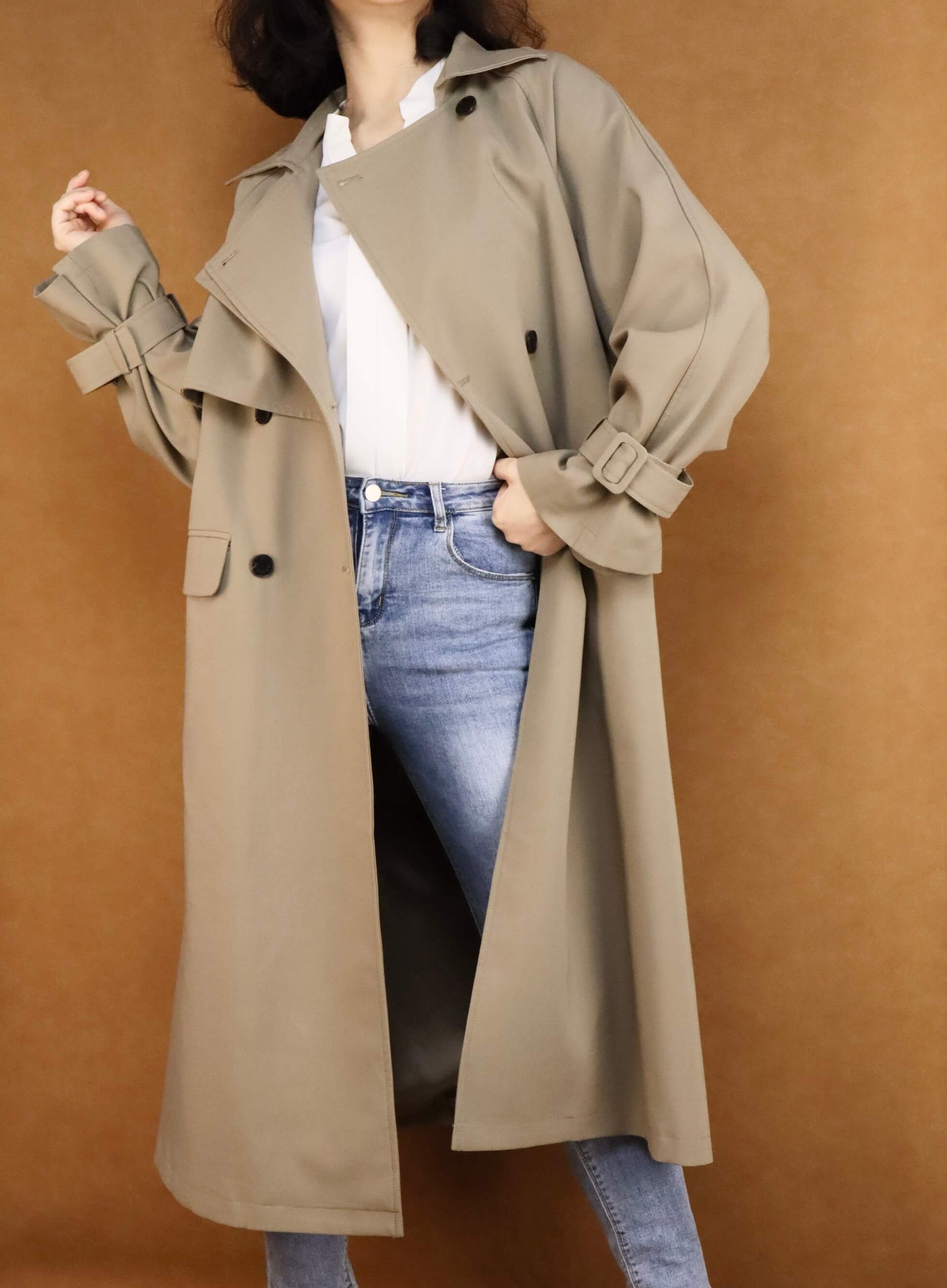 Oversized Belted Long Trench Coat Women's Coat Khaki
