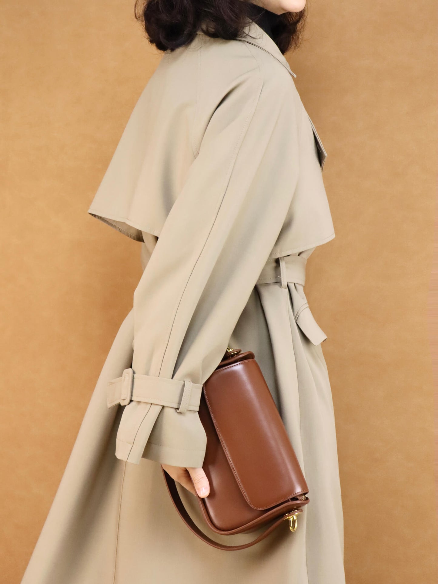 Brown Leather Shoulder Bag & Crossbody Bag + Khaki Long Trench Coat