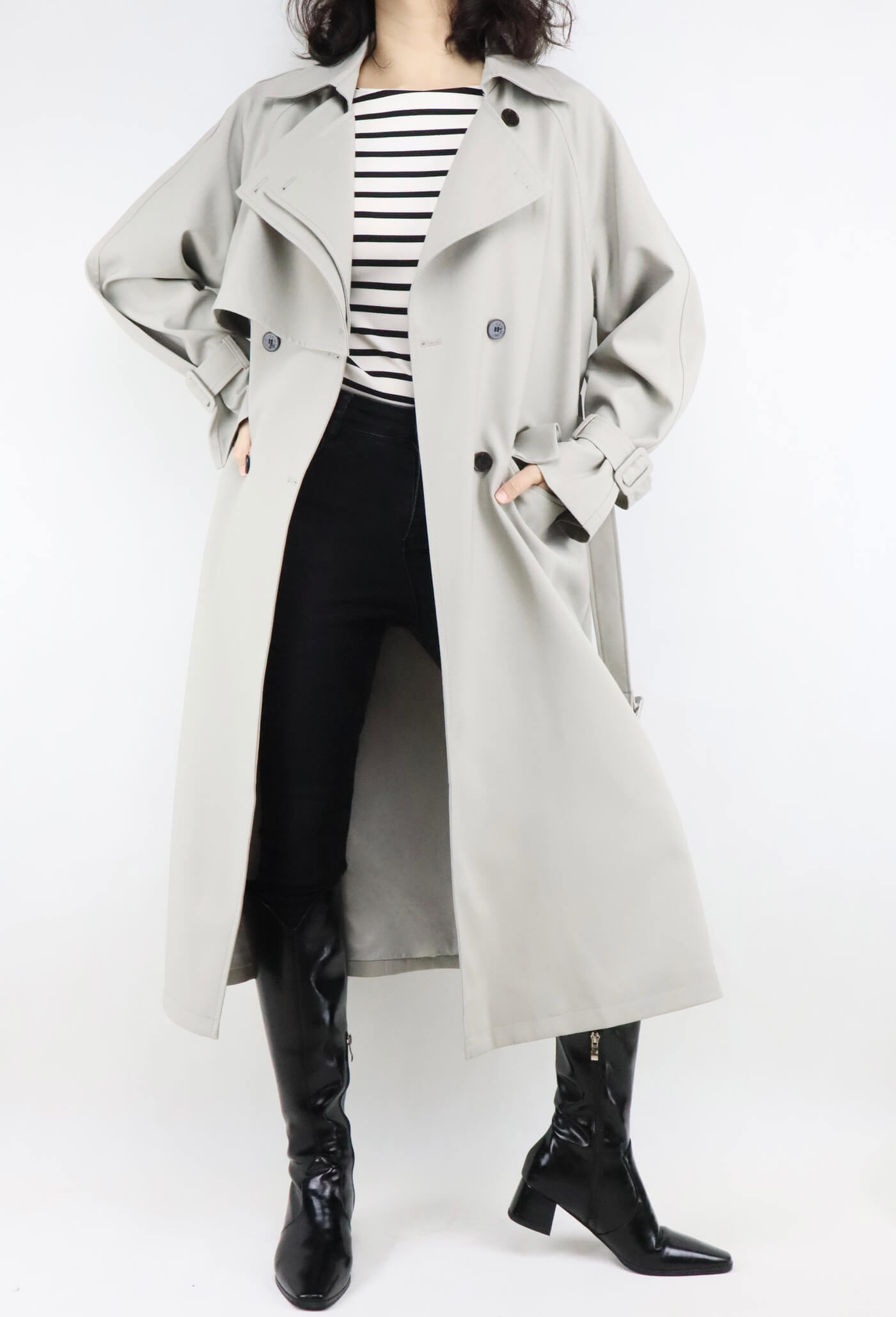 Black Leather Crossbody Bag + Long Trench Coat for Women