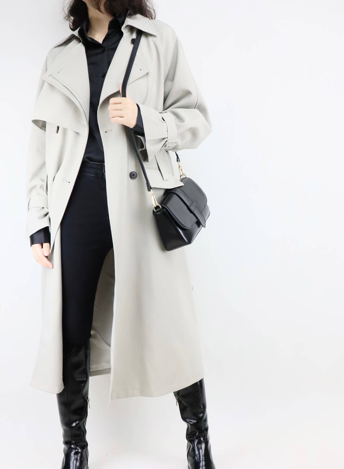 Black Leather Crossbody Bag + Long Trench Coat for Women