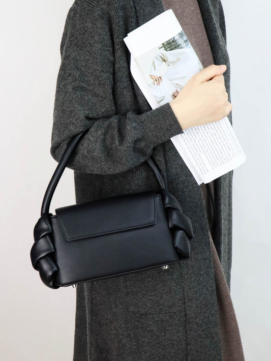 Black Leather Handbag Crossbody Bag + Relaxed Long Cardigan in Dark Grey