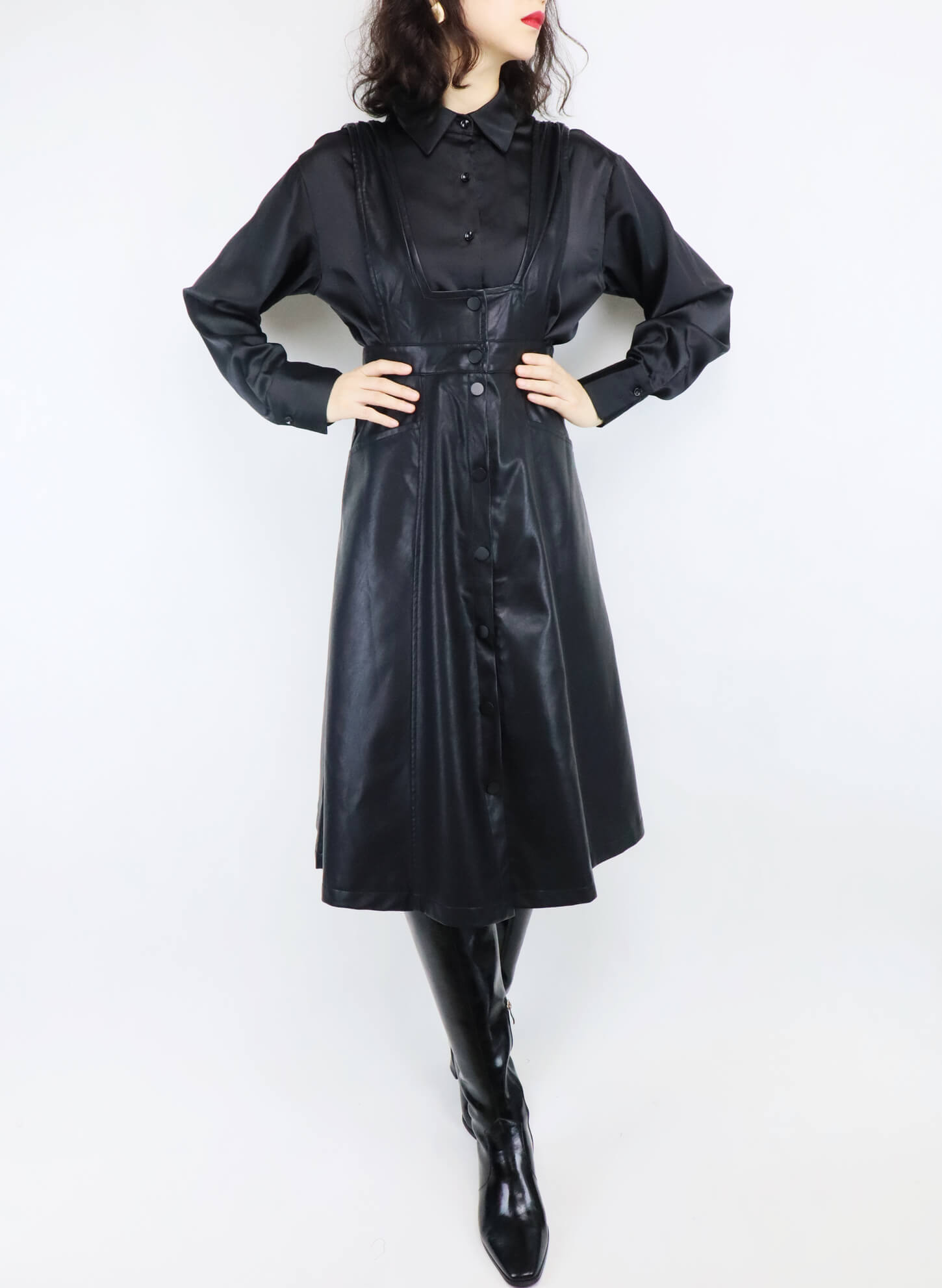 High-Waisted Black Leather Dress | Women's Overall Dress High-Waisted Black Leather Dress | Women's Overall Dress