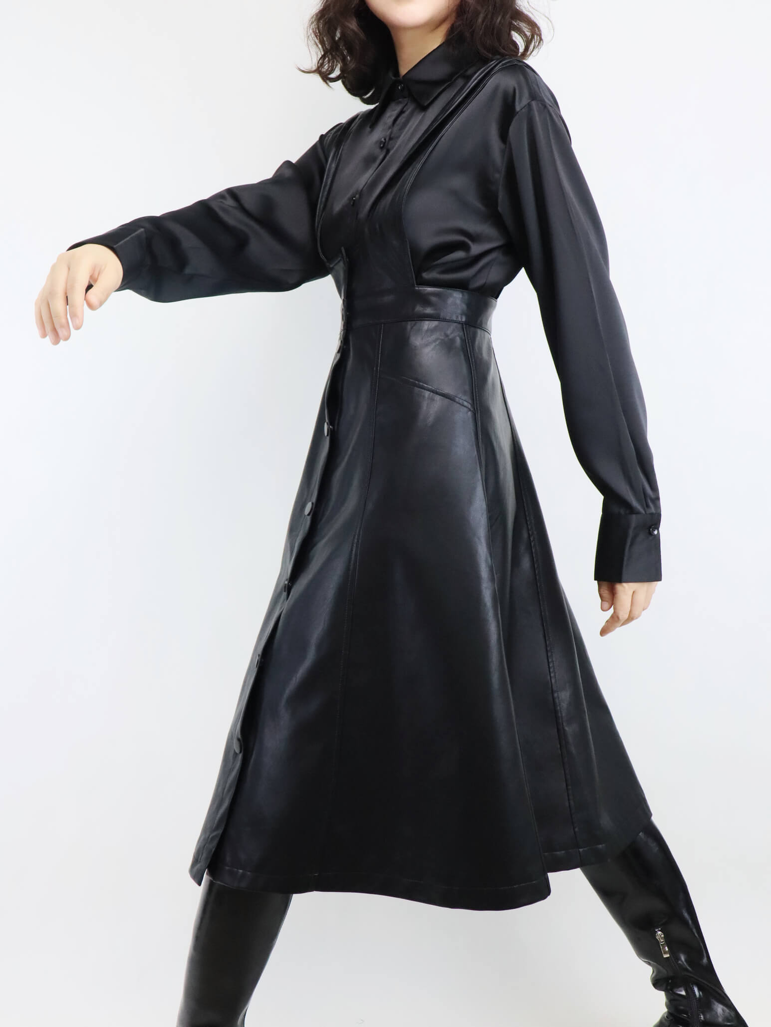 High-Waisted Black Leather Dress | Women's Overall Dress - Miss Ariel missarielfashionboutique High-Waisted Black Leather Dress | Women's Overall Dress - Miss Ariel missarielfashionboutique