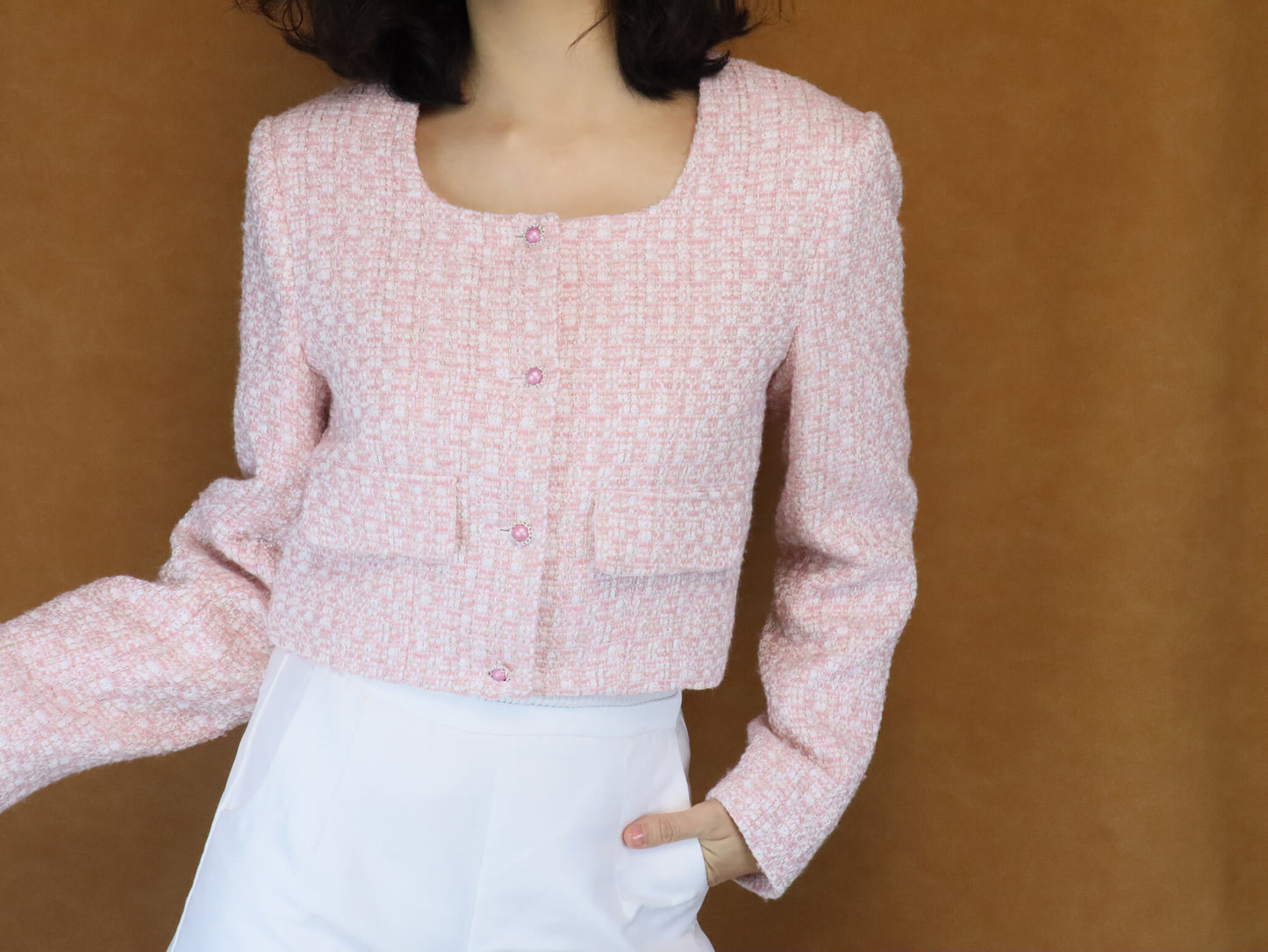 Cropped Tweed Jacket | Pink Jacket