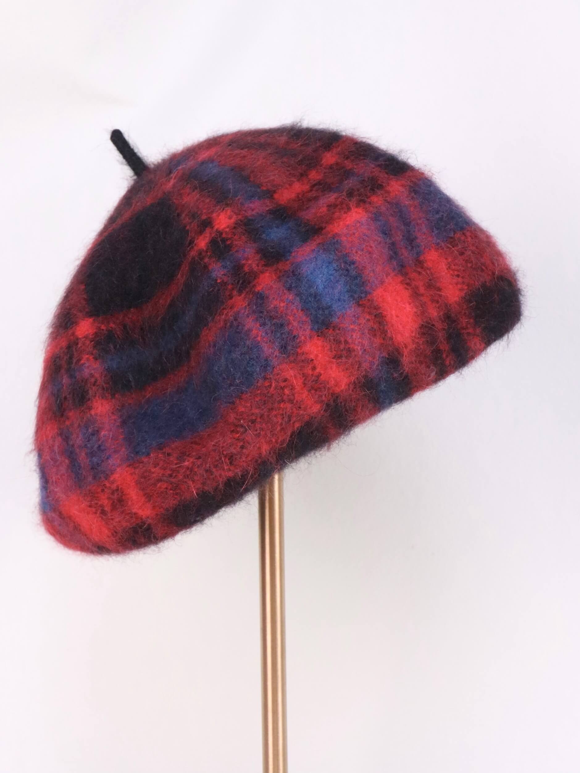 Wool Knitted Beret Hat in Red Tartan