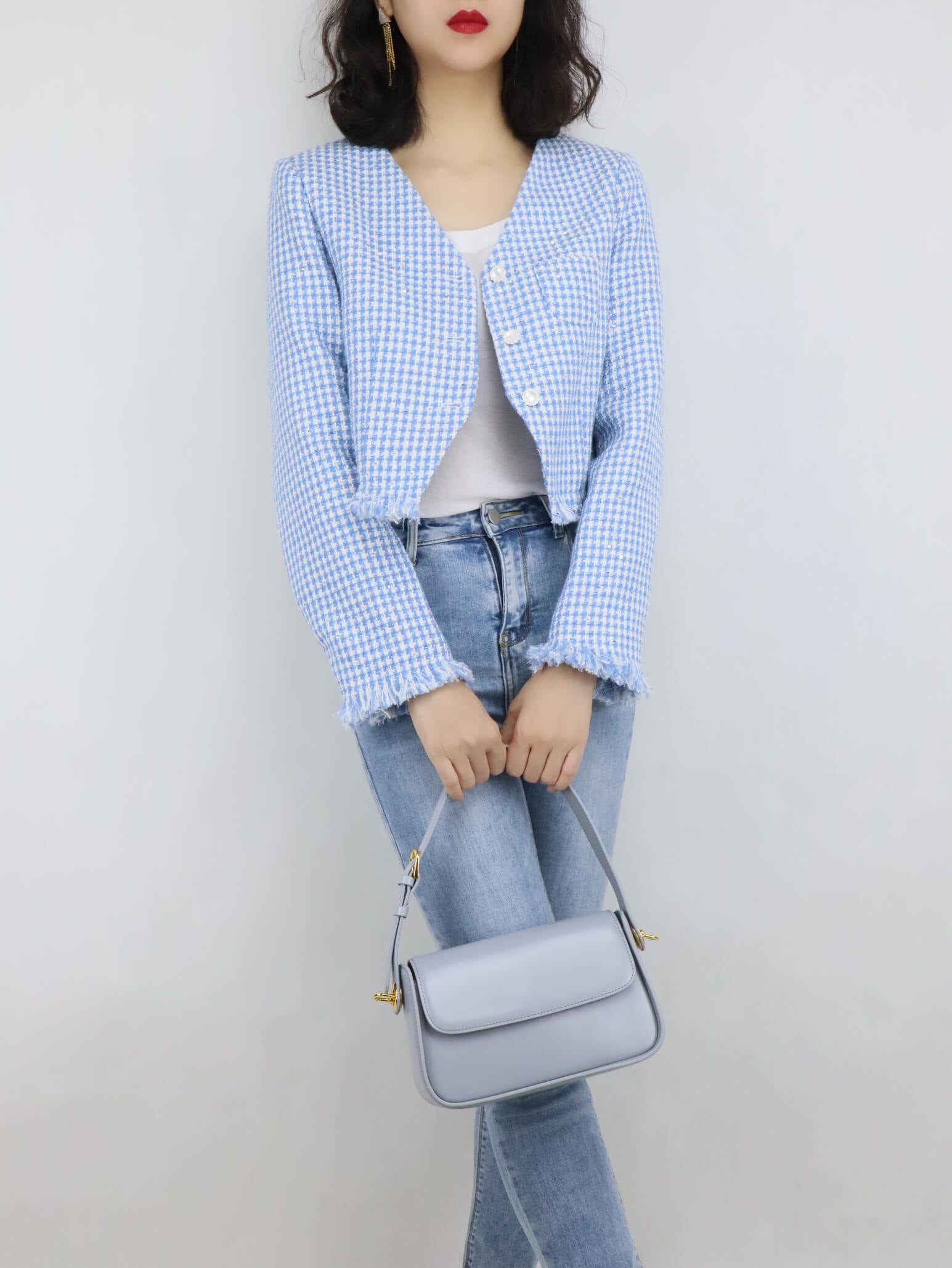 Blue Jacket with light grey leather handbag