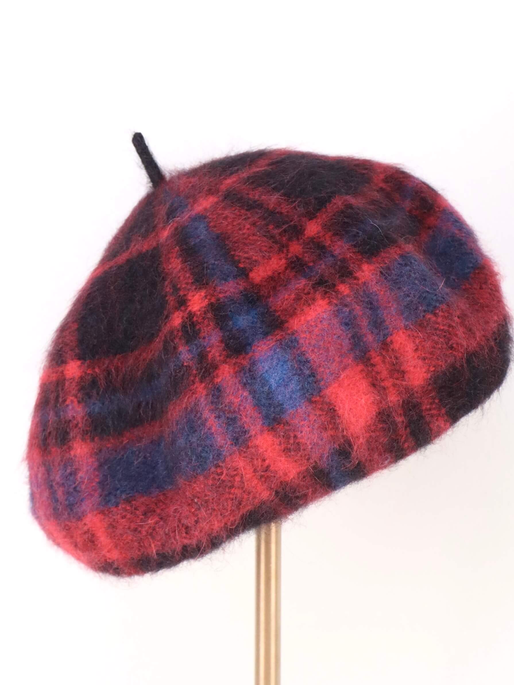 Wool Knitted Beret Hat in Red Tartan