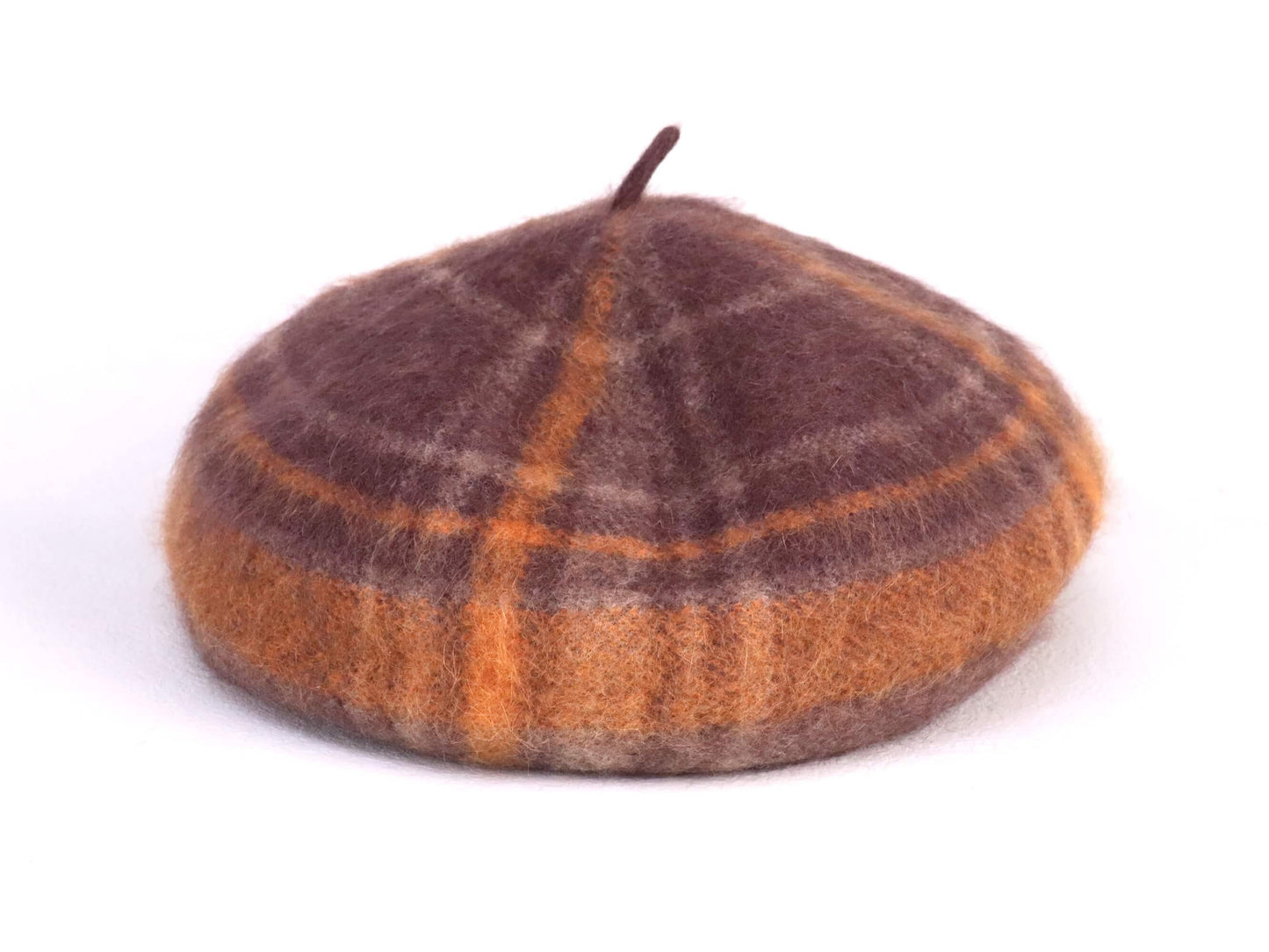 wool knitted beret hat | orange brown tartan