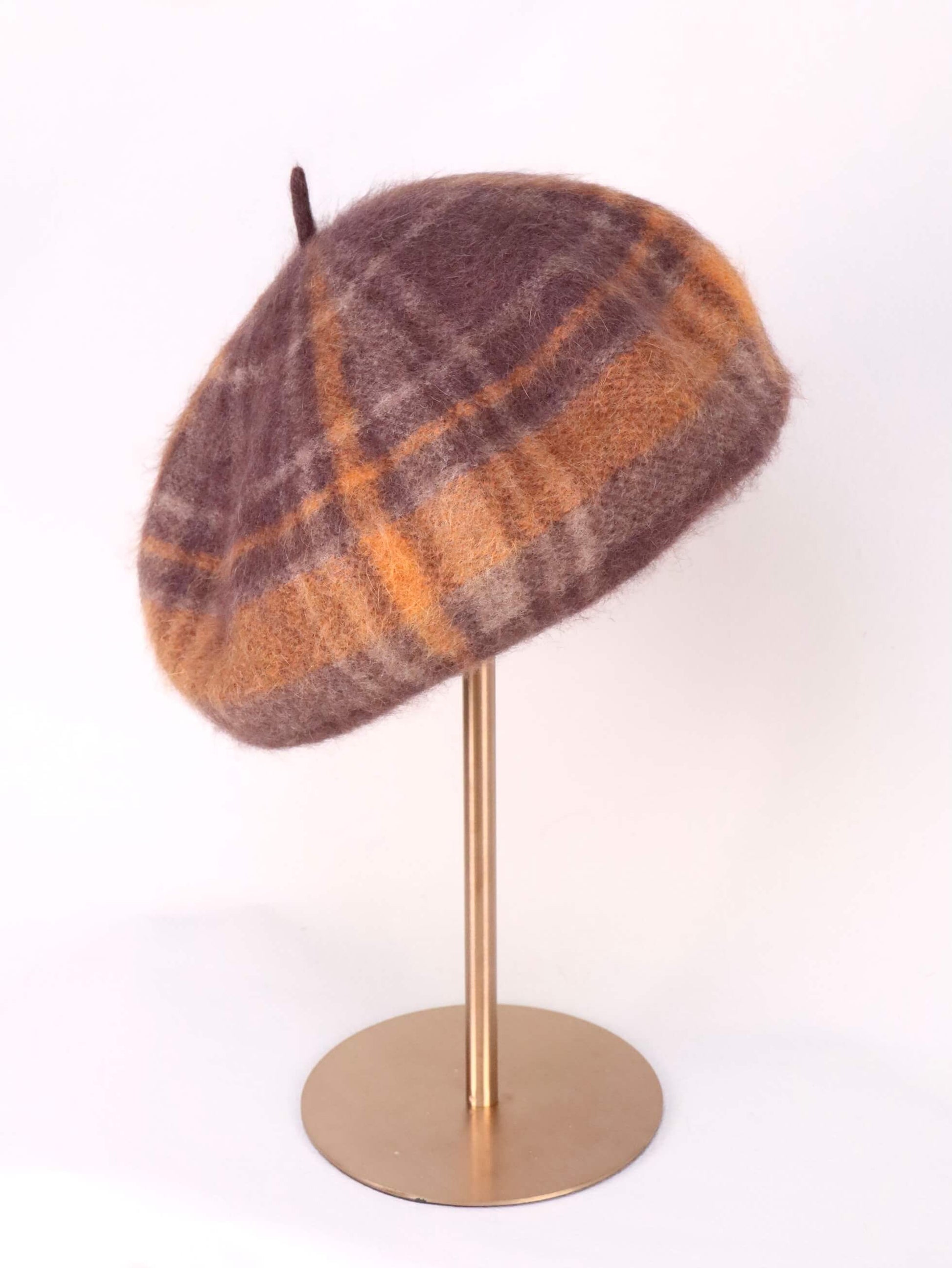 wool knitted beret hat | orange brown tartan