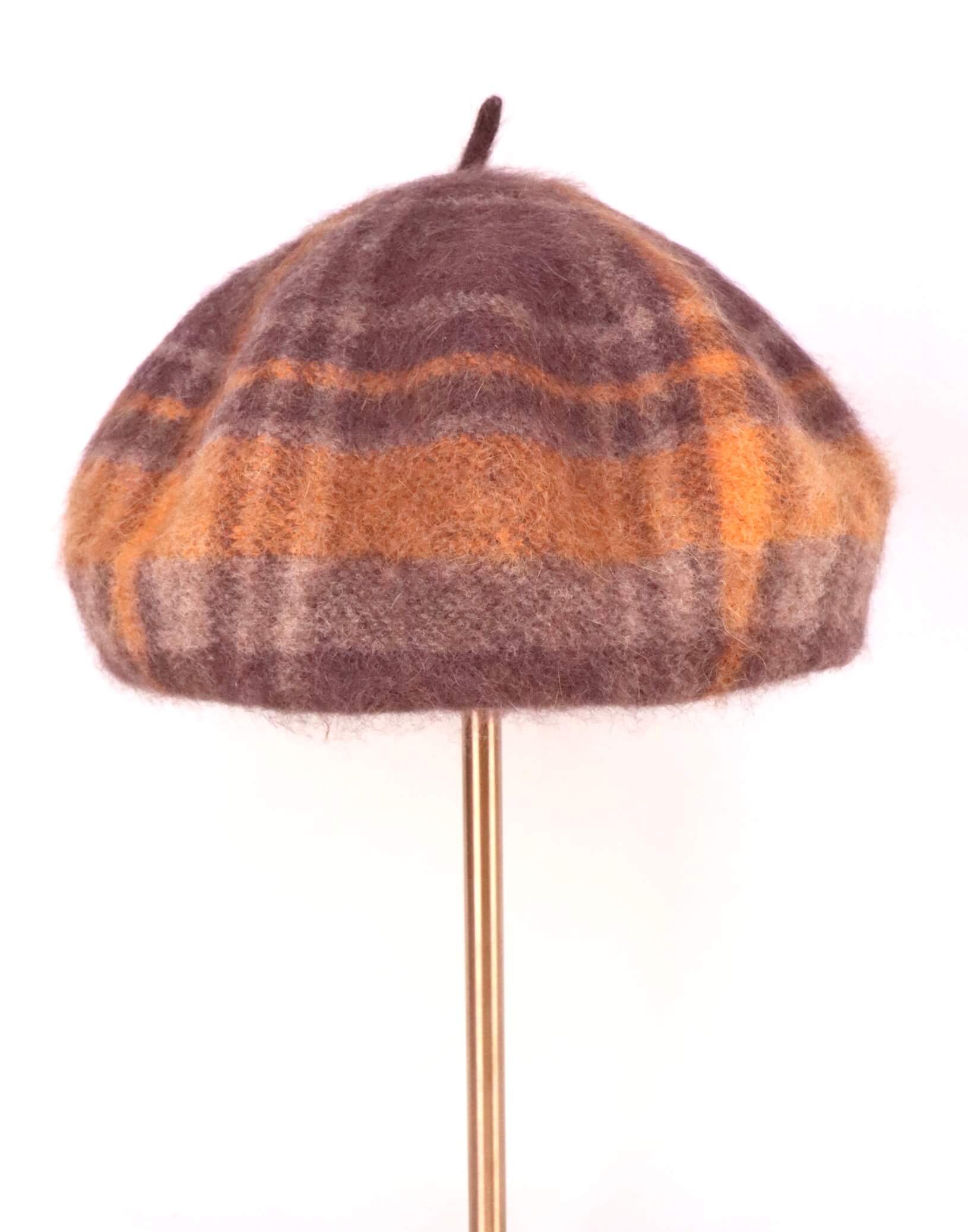 wool knitted beret hat | orange brown tartan