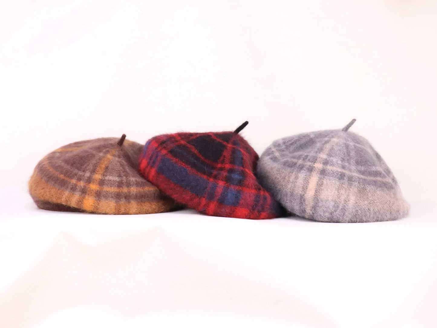 wool knitted beret hat | orange brown tartan