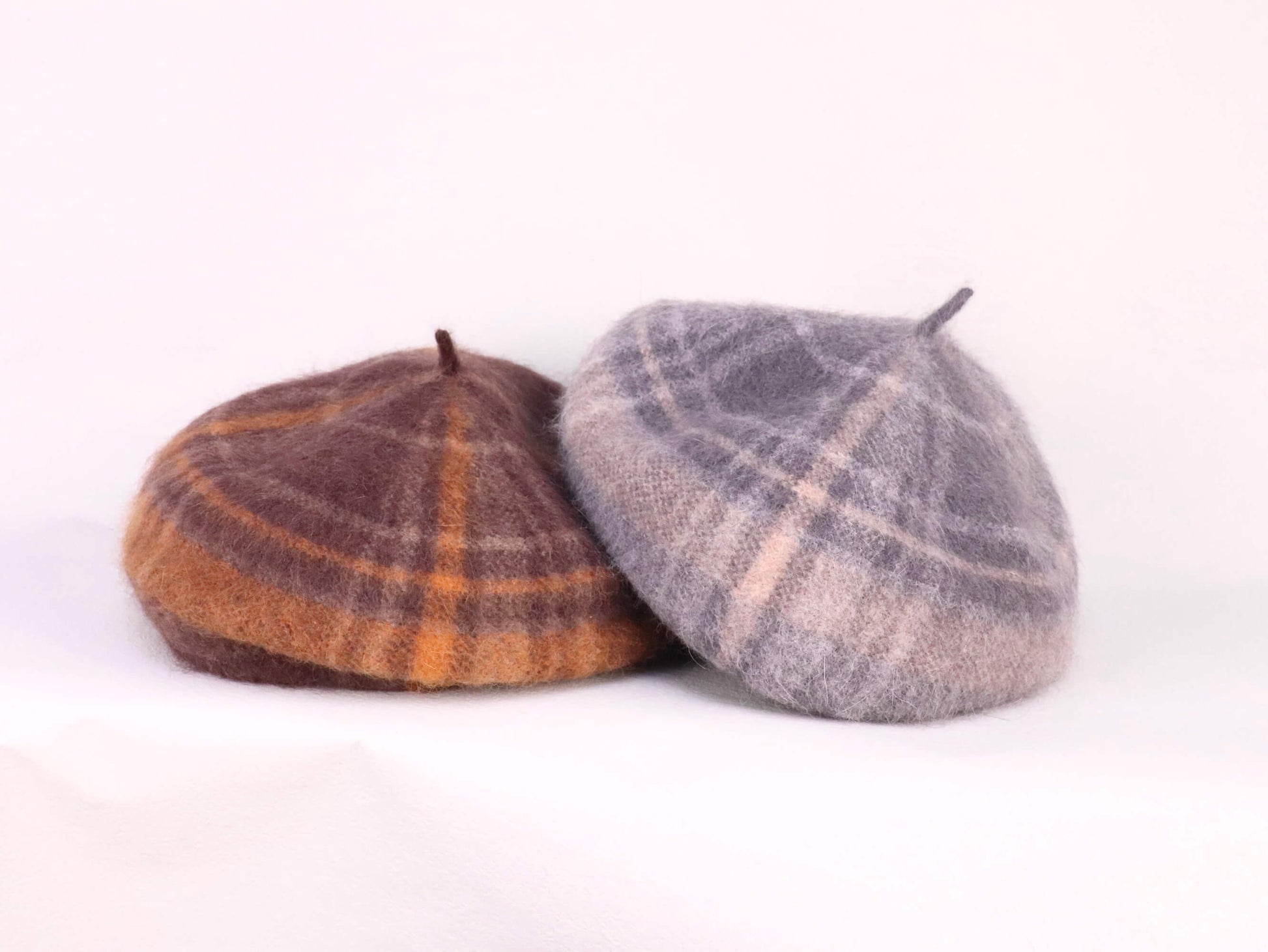 wool knitted beret hat | orange brown tartan