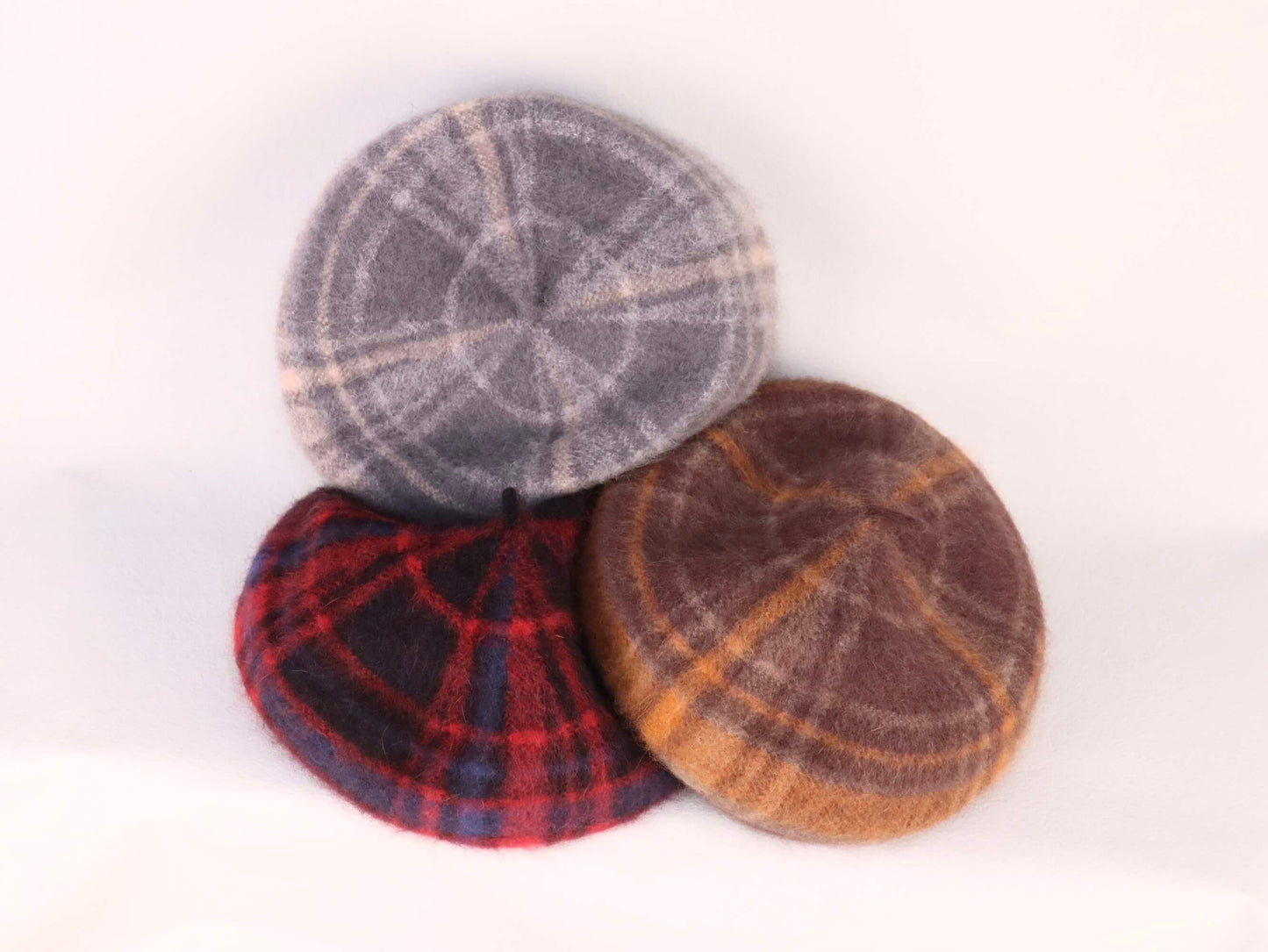 wool knitted beret hat | orange brown tartan