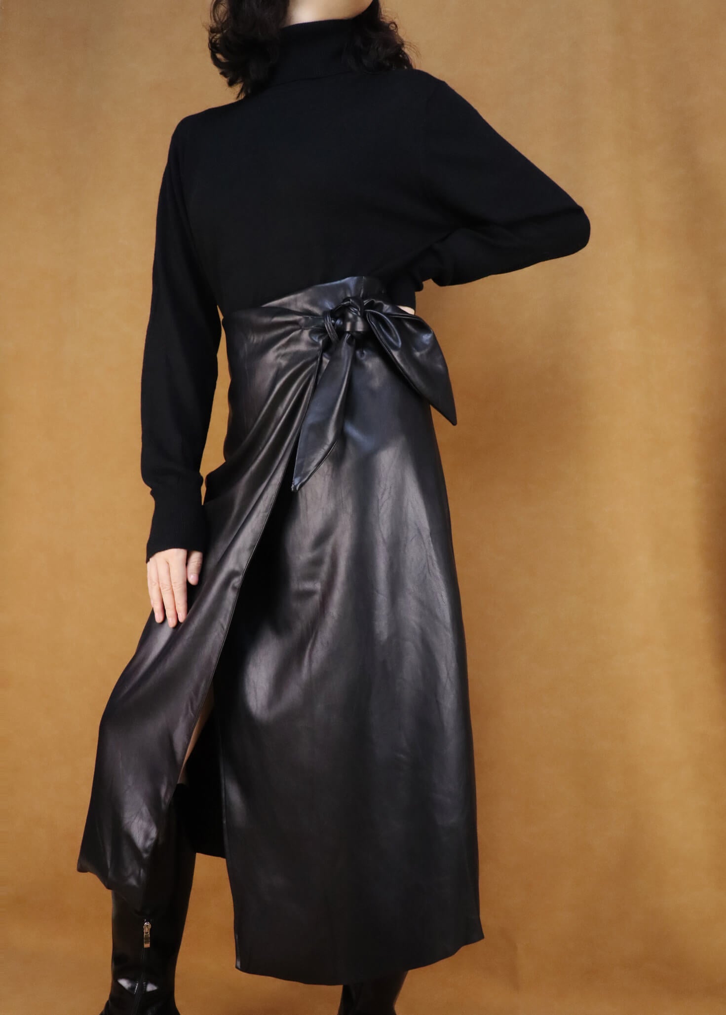 leather wrap dress Black Vintage Leather Wrap Skirt for Women | Long Dress