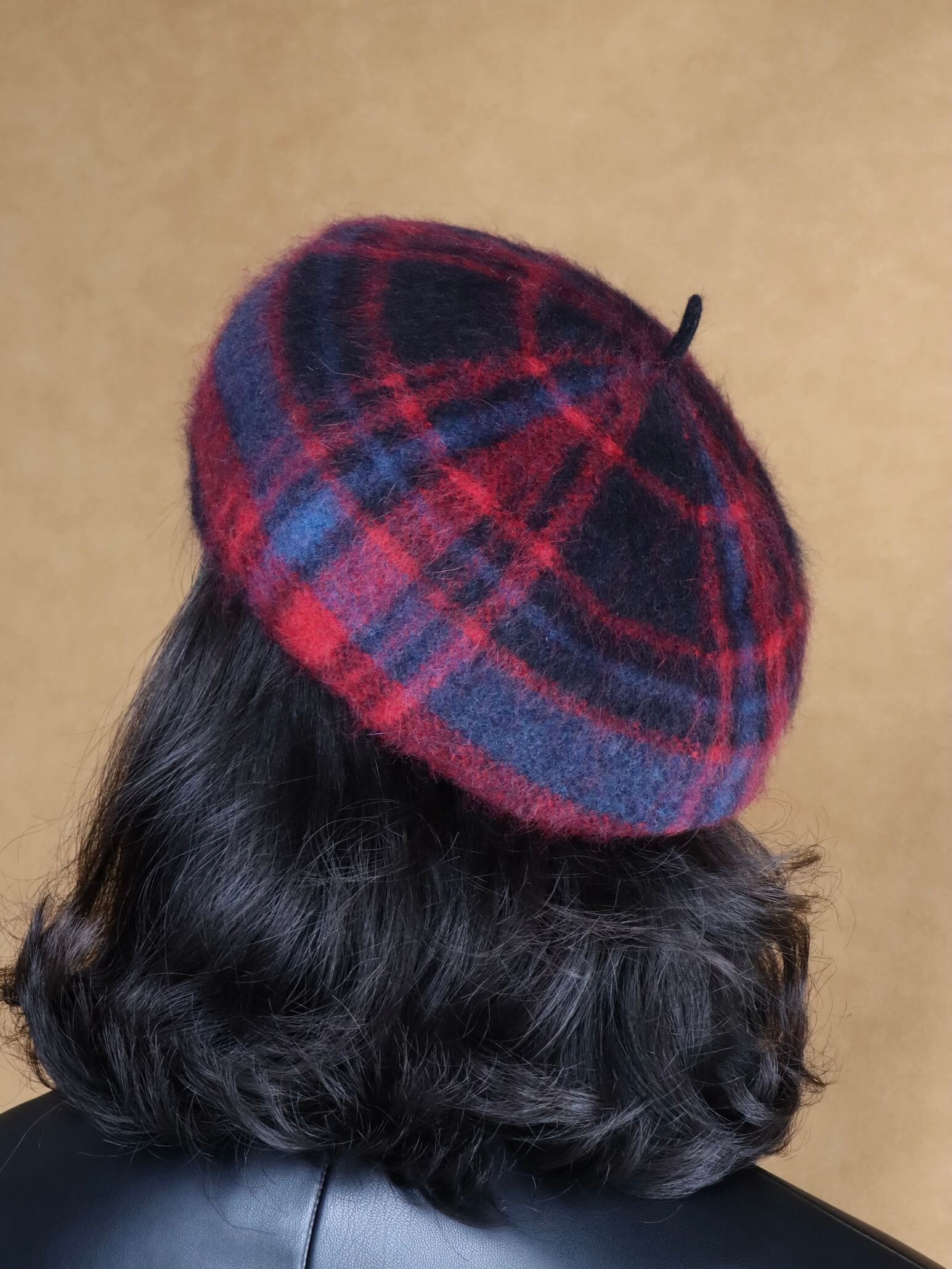 Wool Knitted Beret Hat in Red Tartan