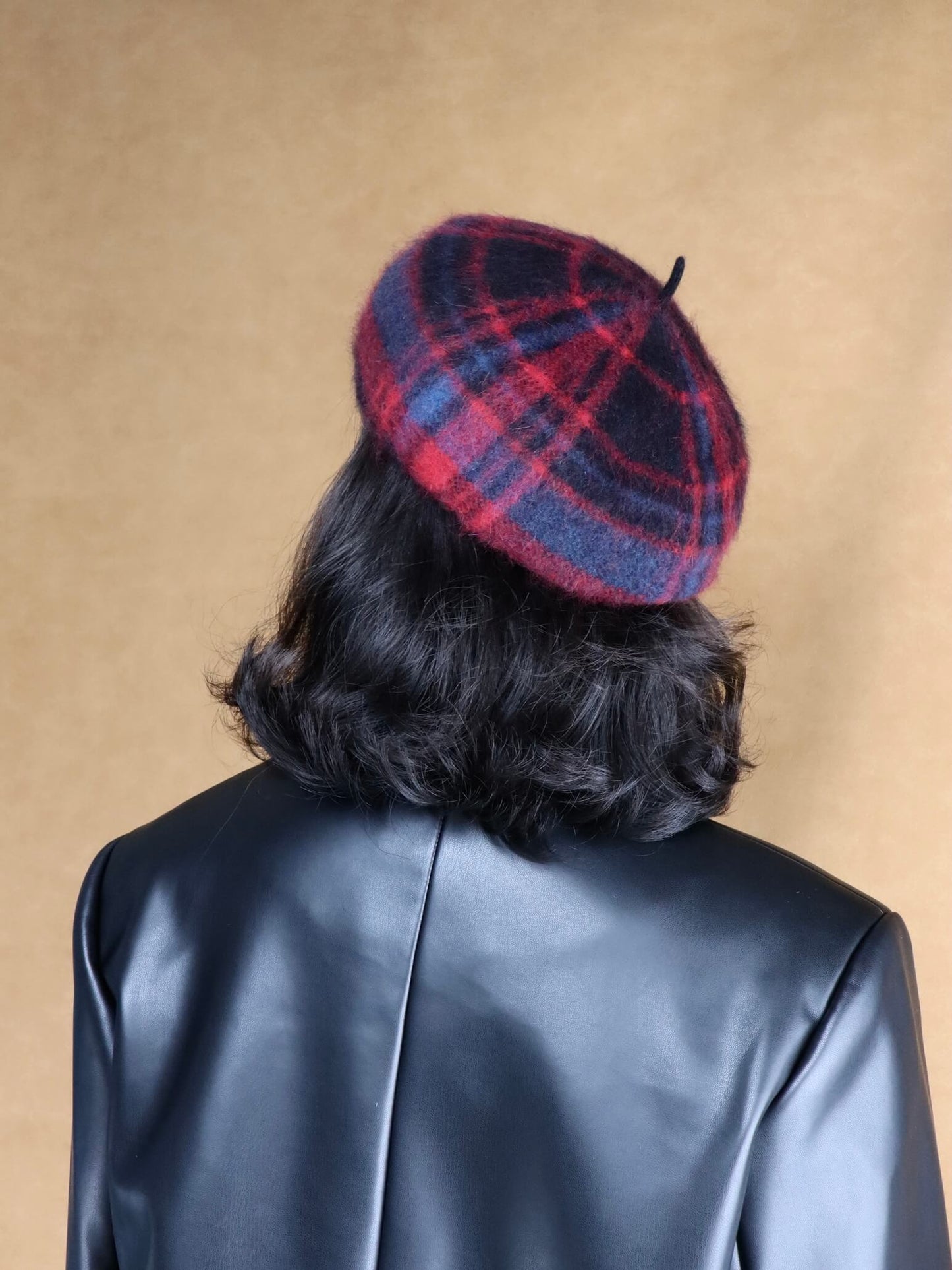 Wool Knitted Beret Hat in Red Tartan