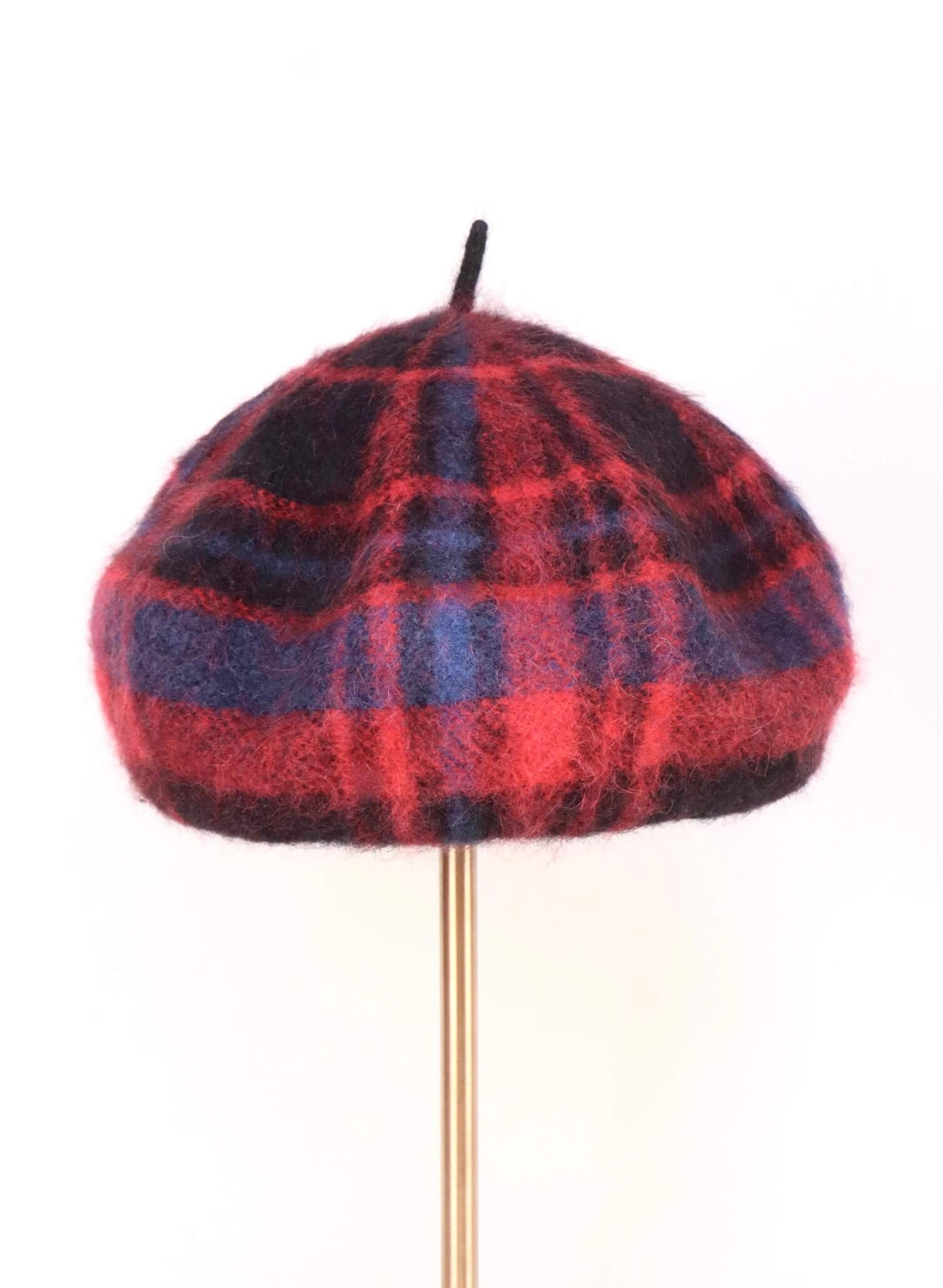 Wool Knitted Beret Hat in Red Tartan