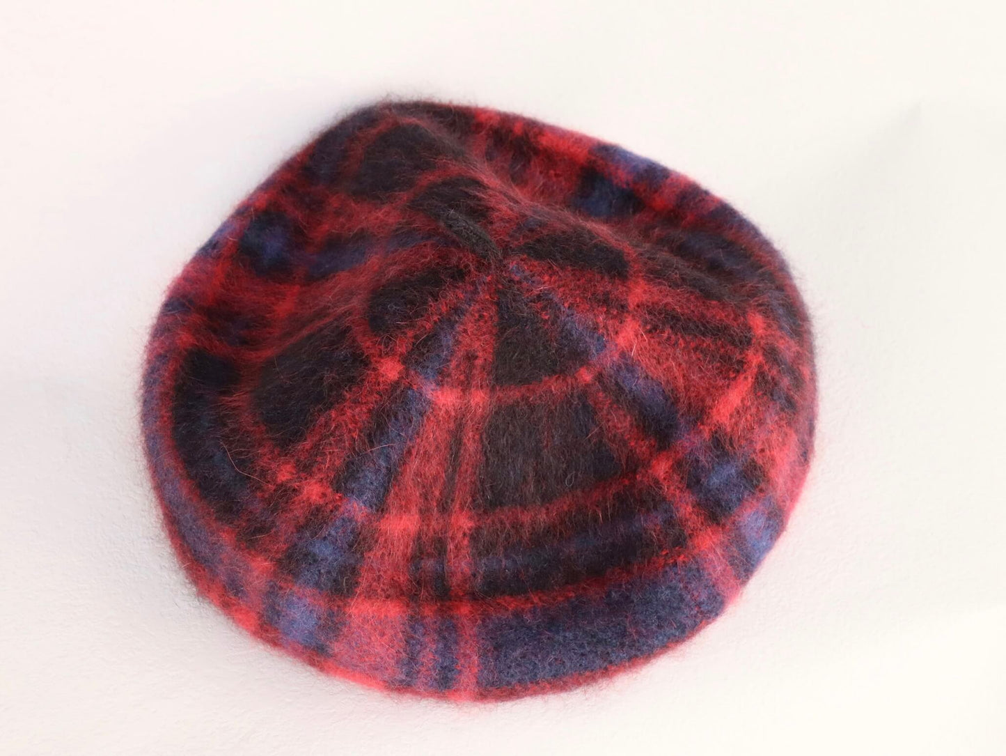 Wool Knitted Beret Hat in Red Tartan