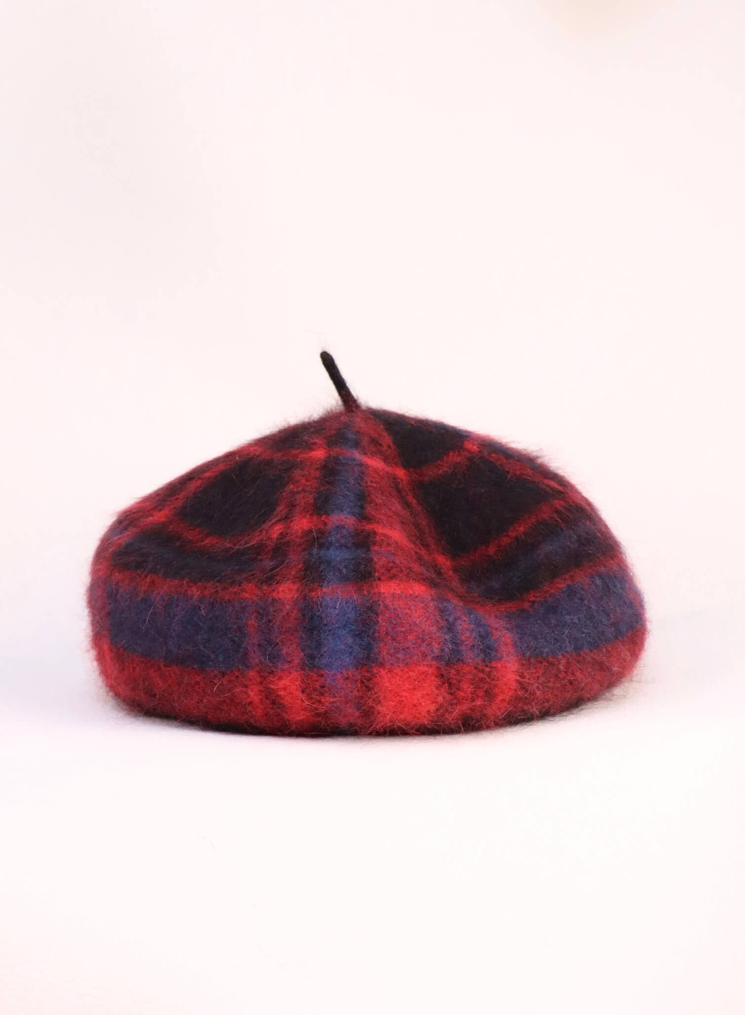 Wool Knitted Beret Hat in Red Tartan