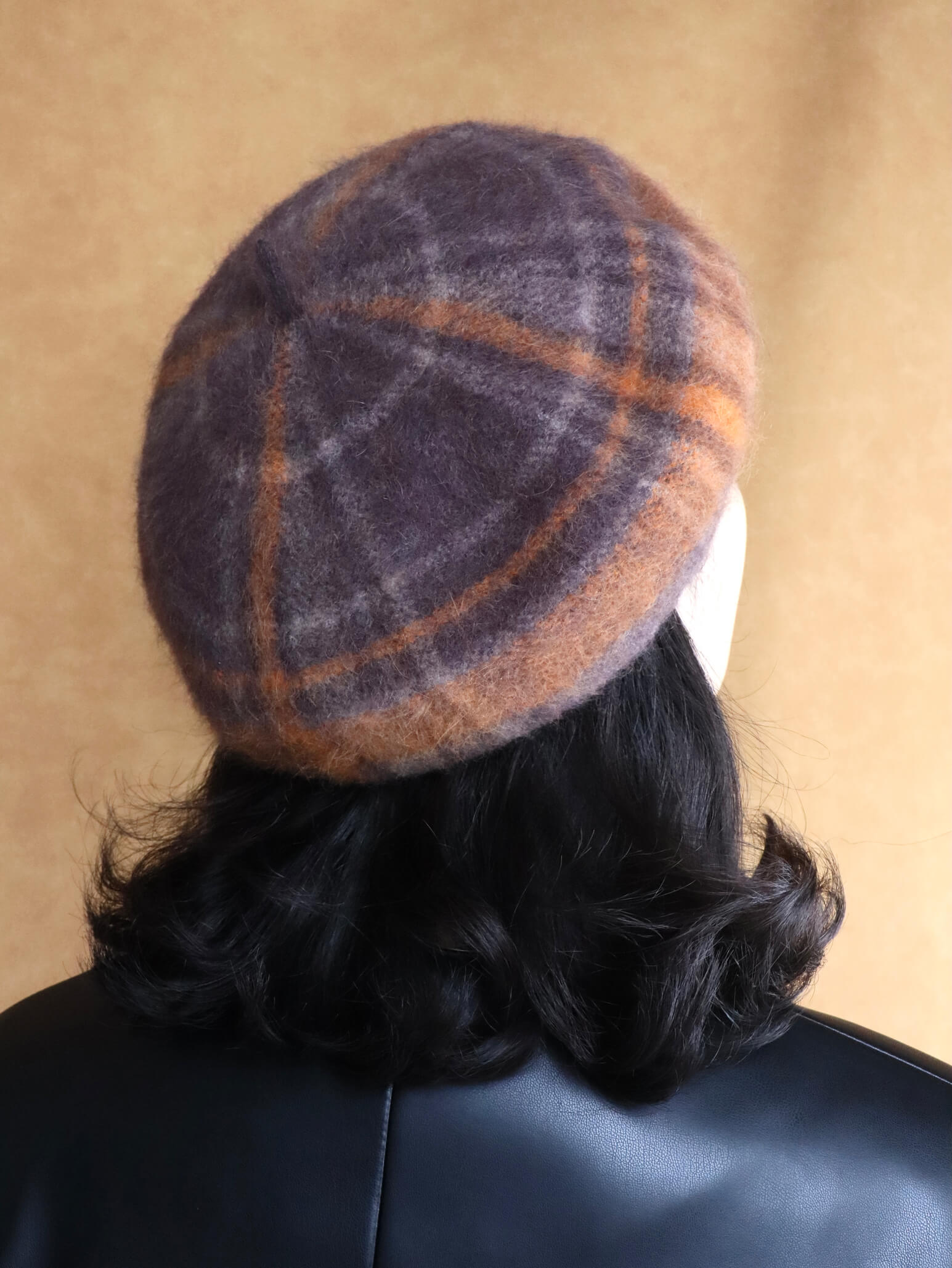 wool knitted beret hat | orange brown tartan