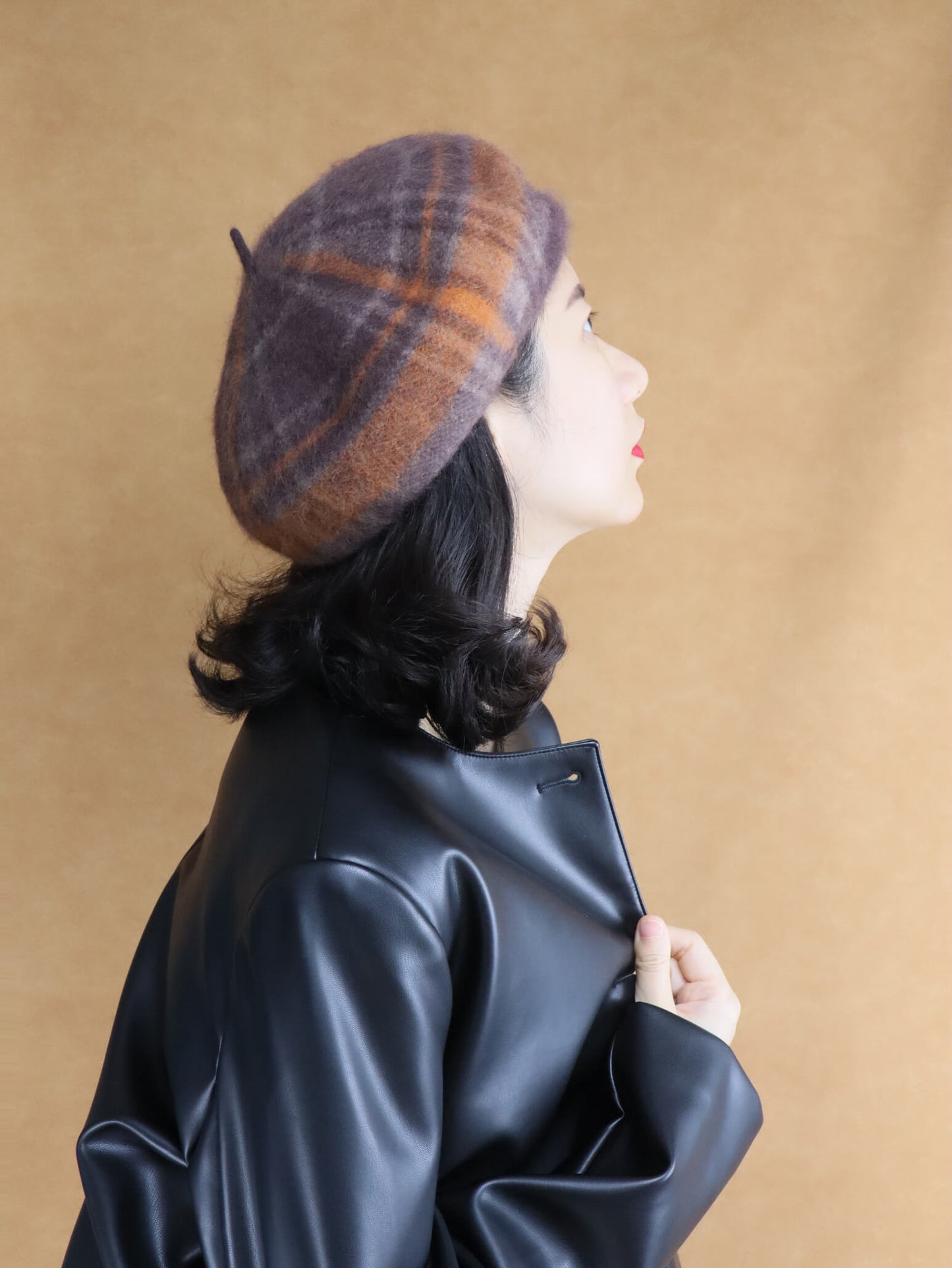 wool knitted beret hat | orange brown tartan