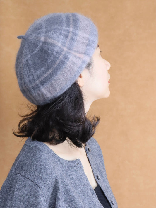 wool knitted beret hat | light grey tartan