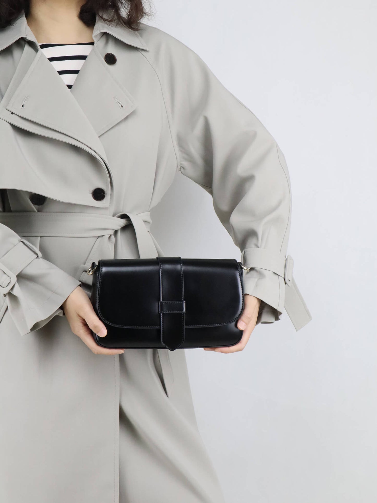 Black Leather Crossbody Bag + Long Trench Coat for Women