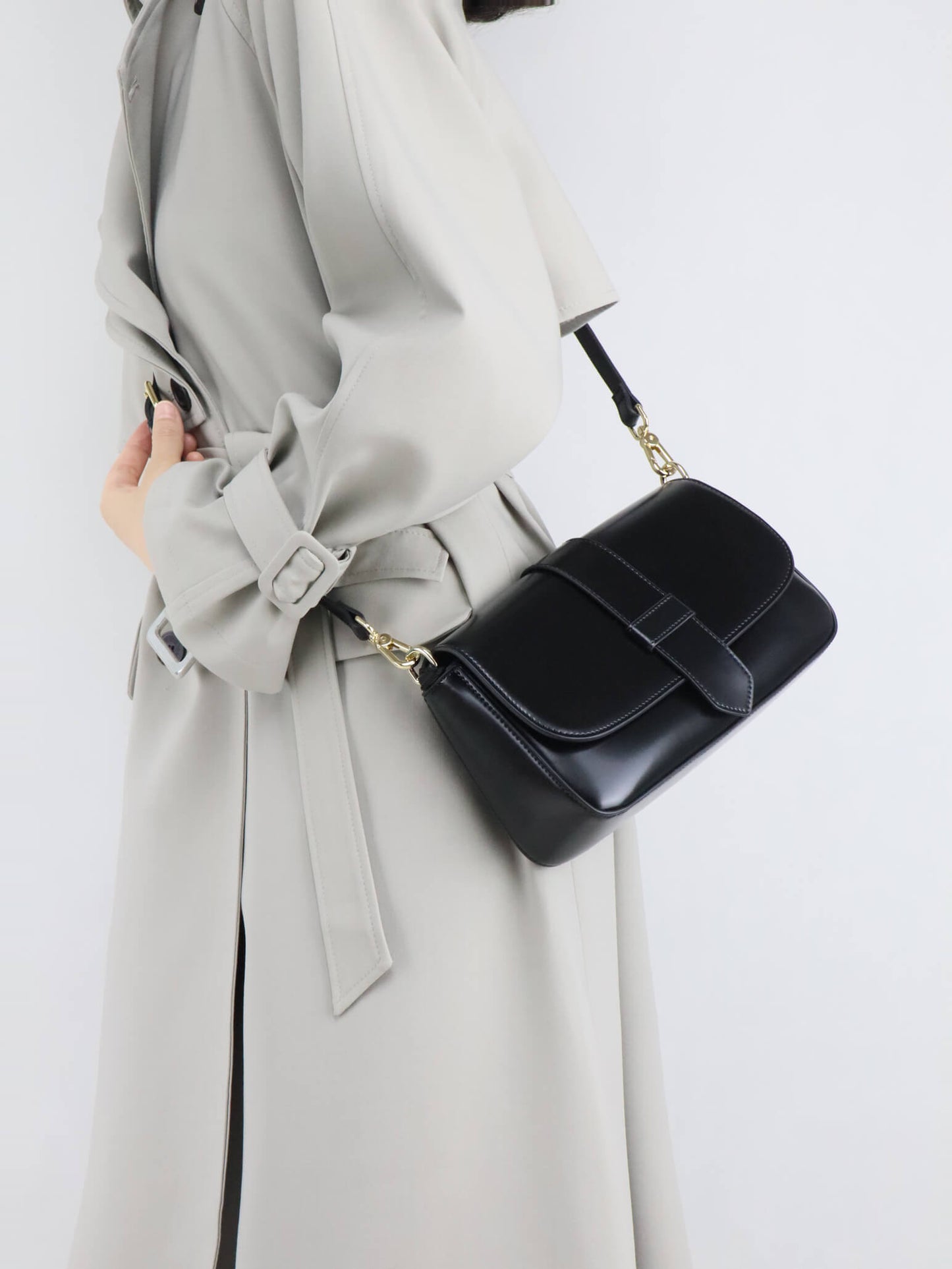 Black Leather Crossbody Bag + Long Trench Coat for Women