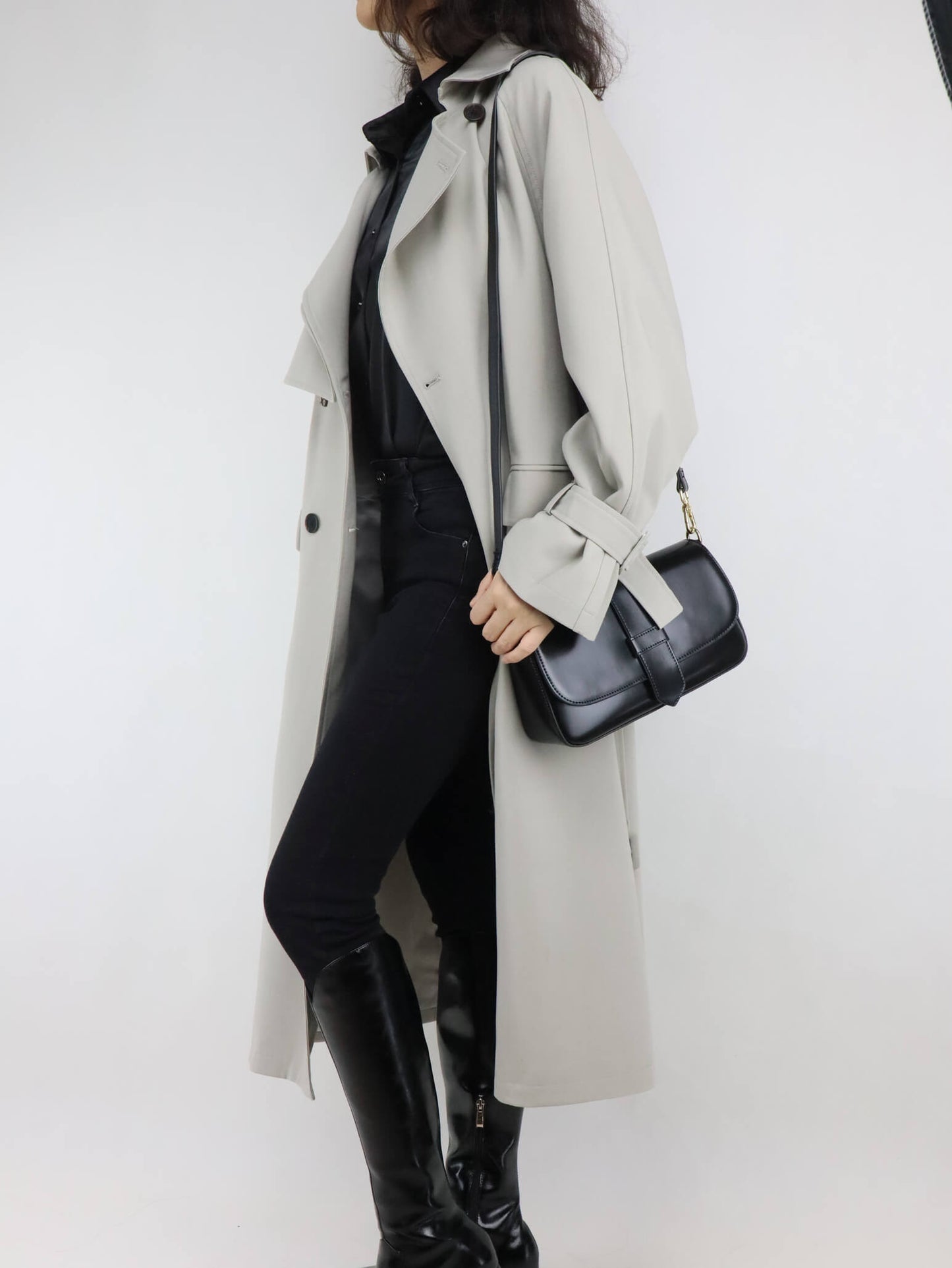 Black Leather Crossbody Bag + Long Trench Coat for Women