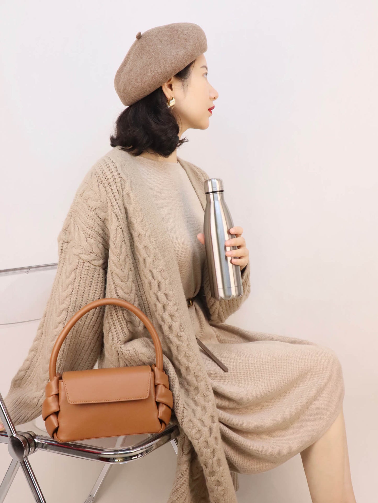 Brown Leather Handbag Crossbody Bag + Beige Long Chunky Cable Cardigan