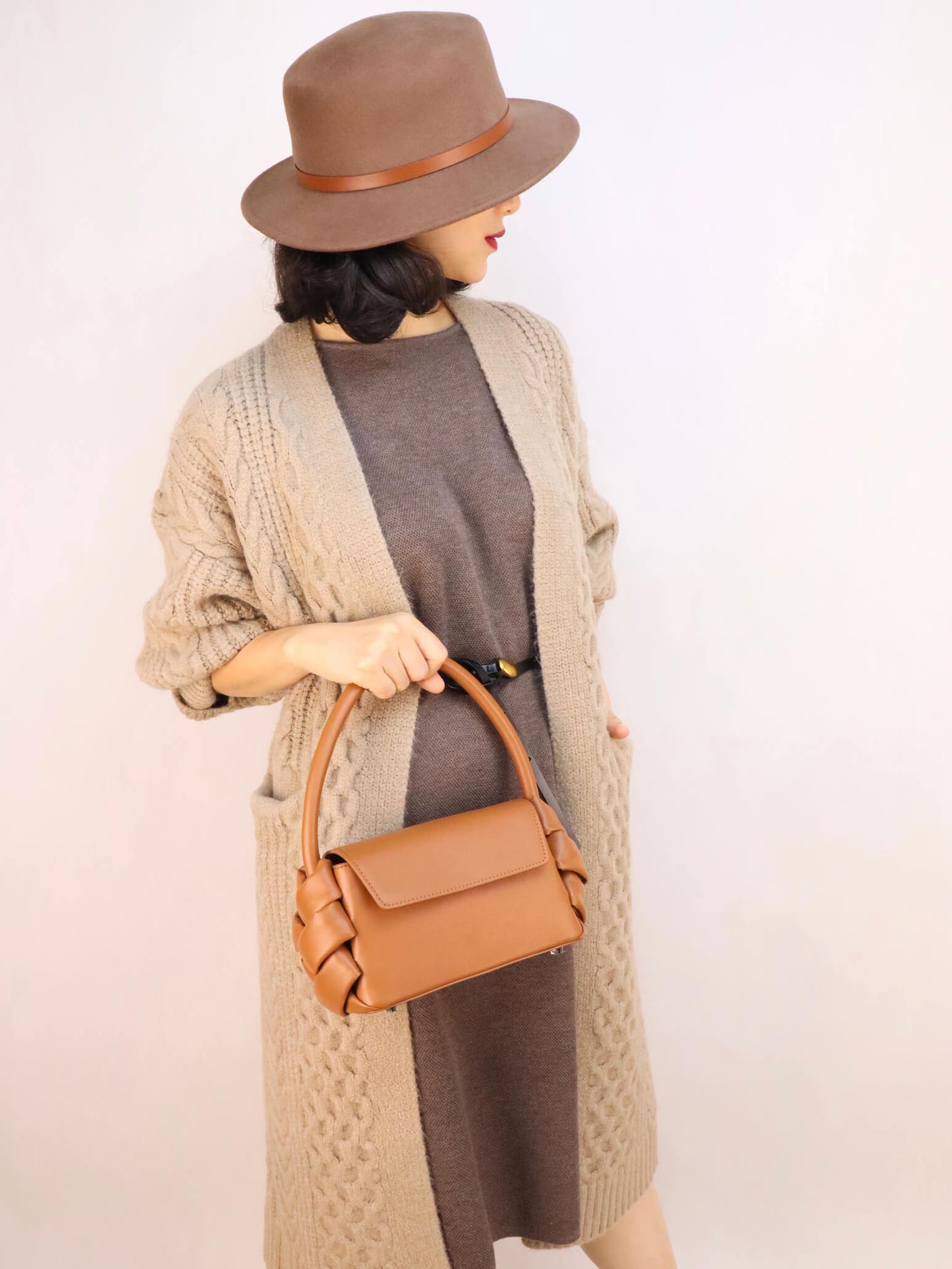 Brown Leather Handbag Crossbody Bag + Beige Long Chunky Cable Cardigan