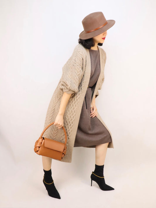 Brown Leather Handbag Crossbody Bag + Beige Long Chunky Cable Cardigan