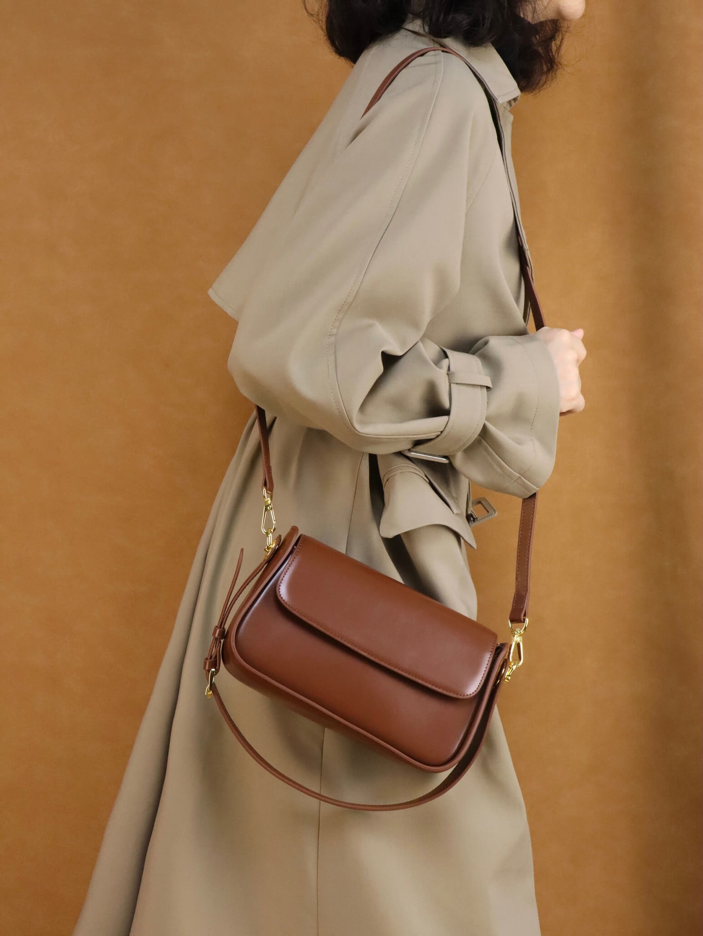 Brown Leather Shoulder Bag & Crossbody Bag + Khaki Long Trench Coat