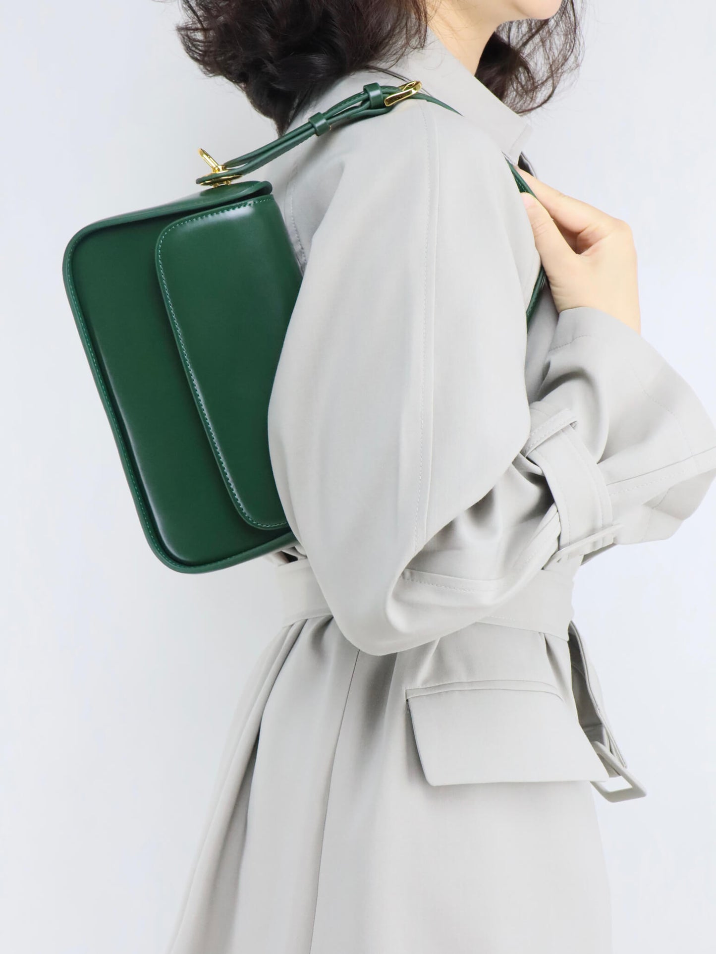 Green Leather Shoulder Bag & Crossbody Bag + Long Trench Coat for Women