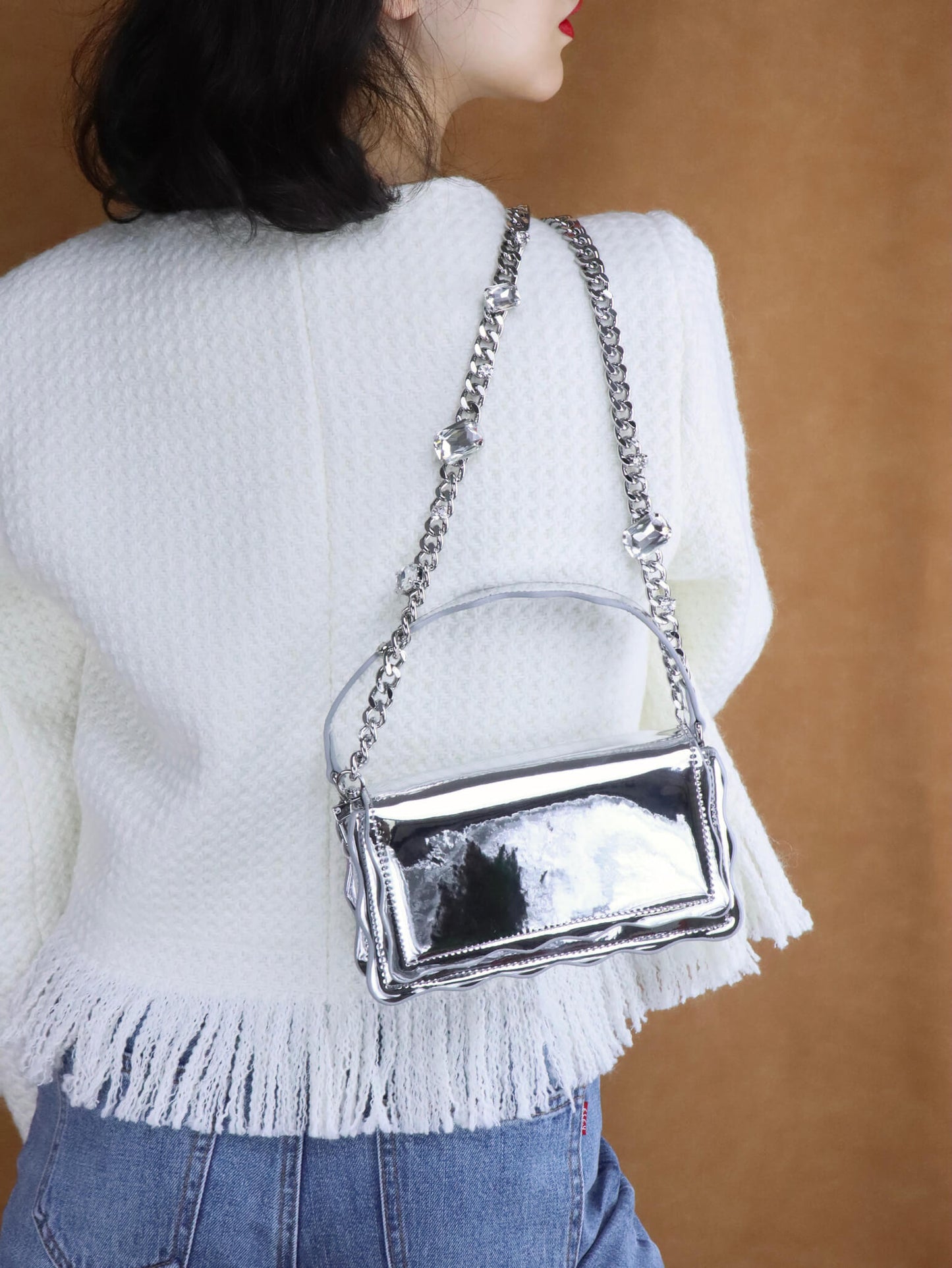 Silver Leather Handbag Clutch Diamante Bag Small Crossbody Bags