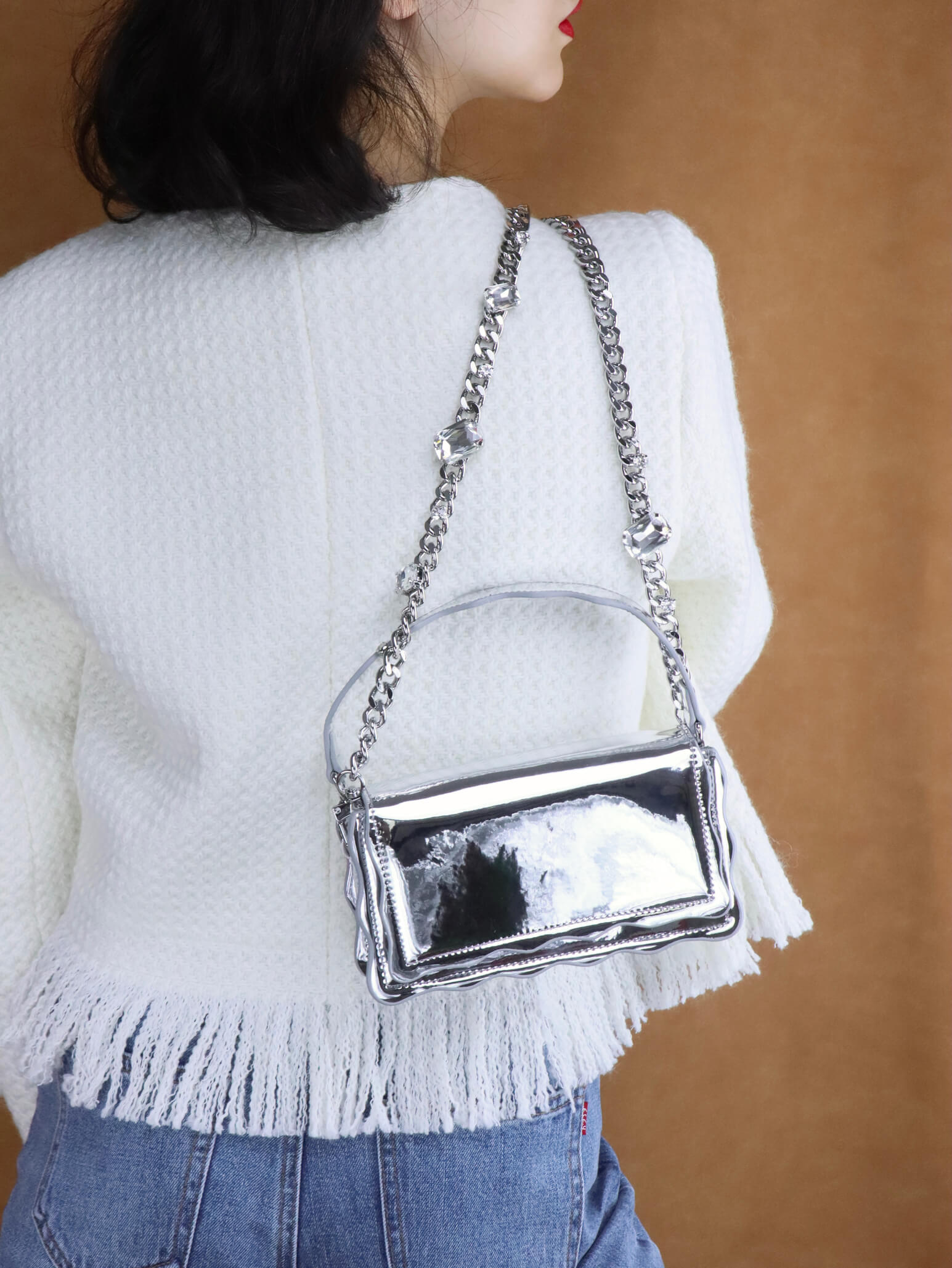 Silver Leather Handbag Clutch Diamante Bag Small Crossbody Bags
