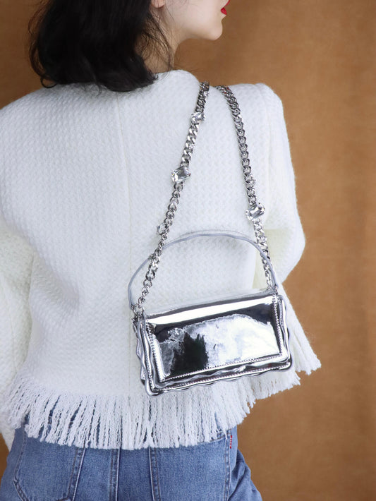 Silver Leather Crossbody Bag + Milk White Wool Knit Cardigan Coat