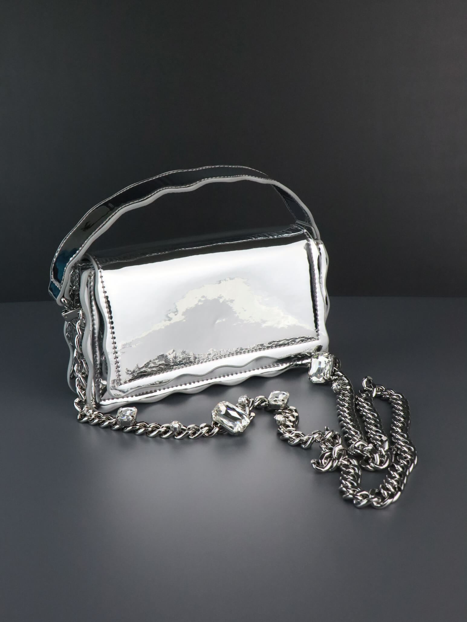 Silver Leather Crossbody Bag | Rhinestones Chain Stap