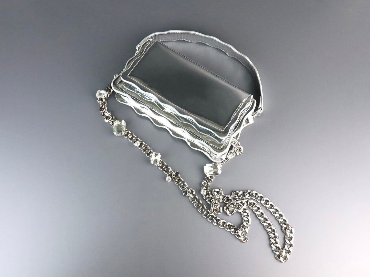Silver Leather Crossbody Bag | Rhinestones Chain Stap