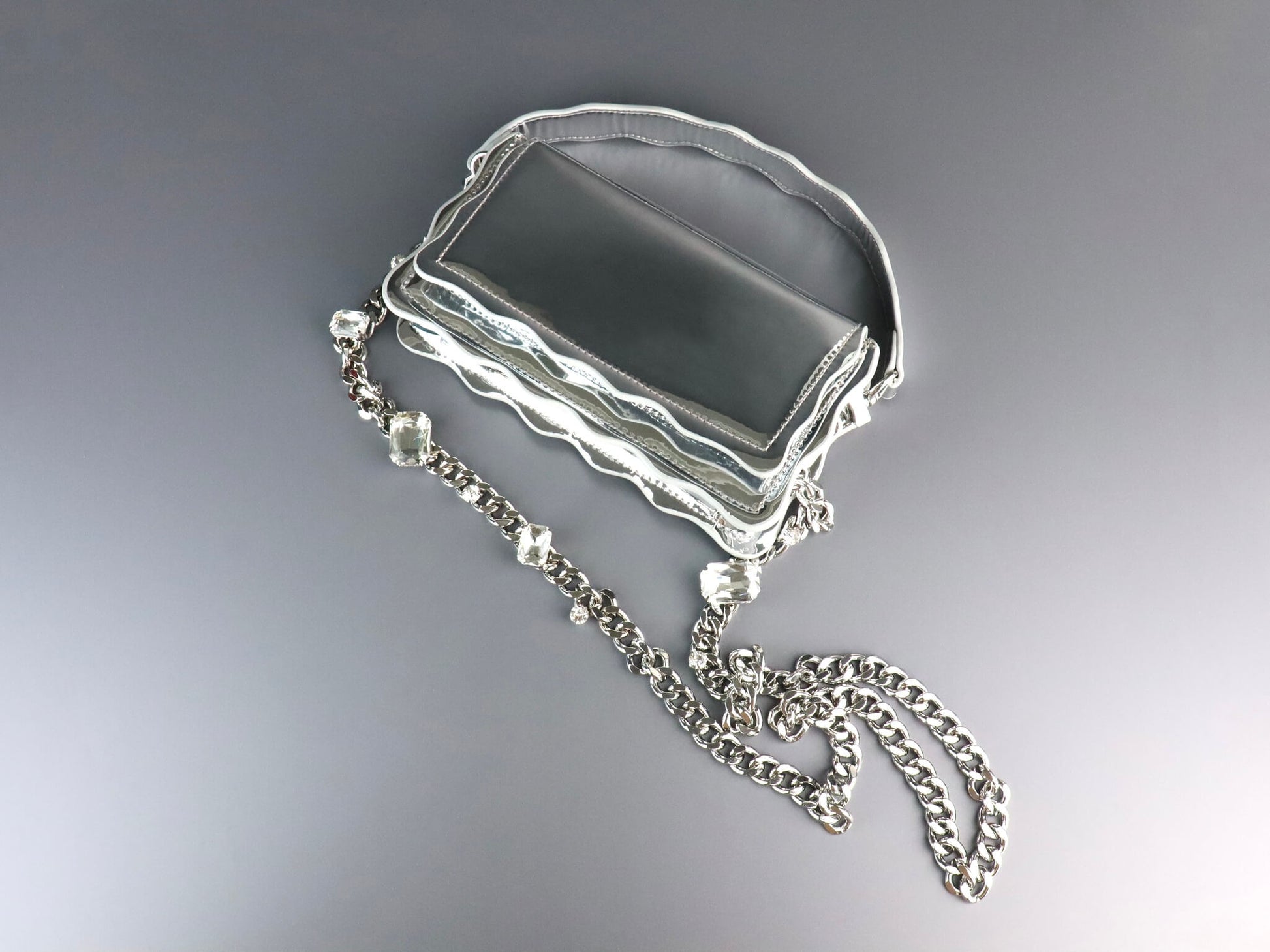 Silver Leather Crossbody Bag | Rhinestones Chain Stap